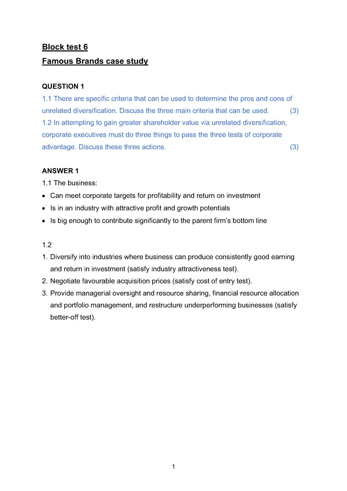 Block Test 6 Memo - Block Test 6 Famous Brands Case Study Question 1 1 