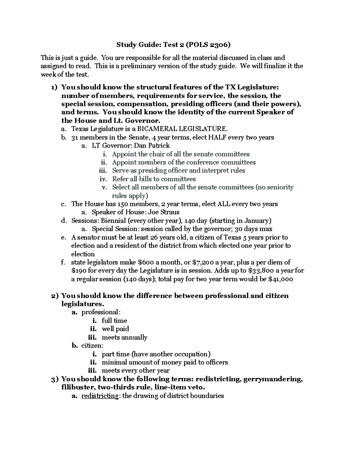 Texas Government Test 2 Review - Study Guide: Test 2 (POLS 2306) This ...