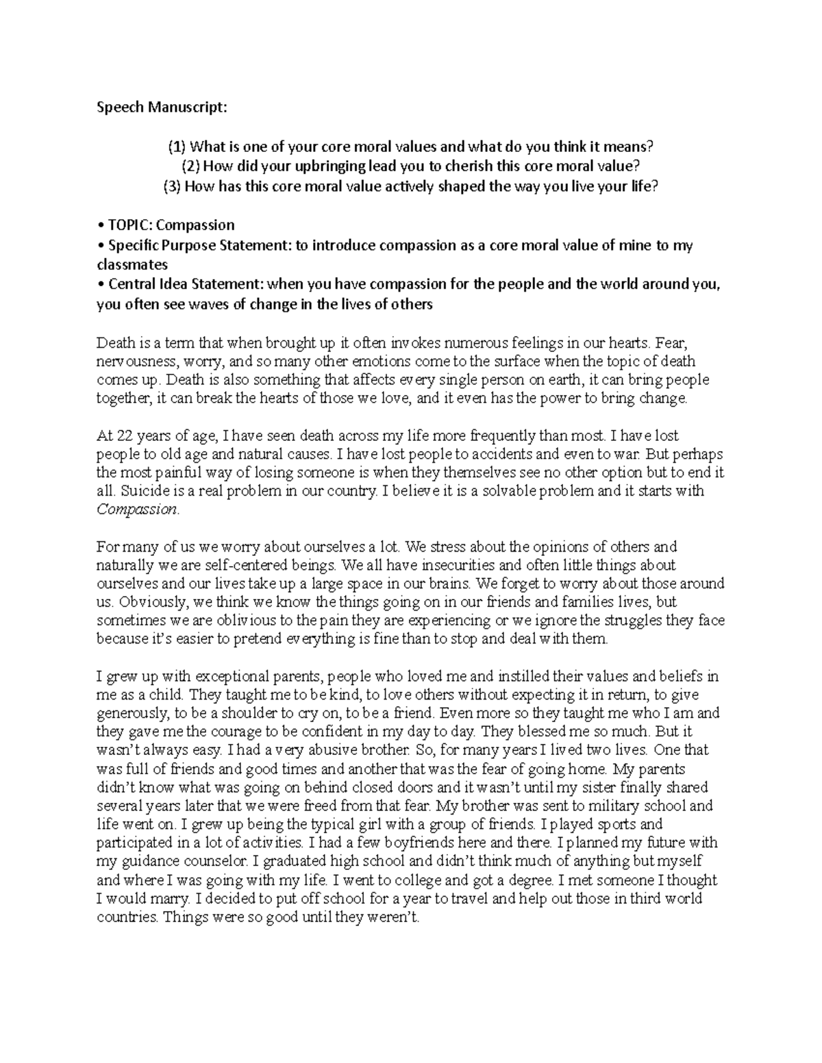 Speech 1 Manuscript - Speech Manuscript: (1) What is one of your core ...