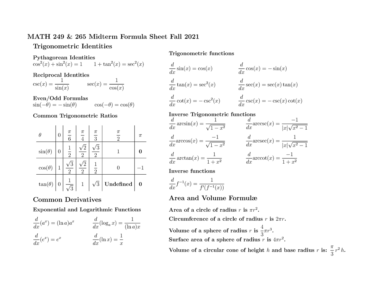 Mathematics 249 265 course formula sheet - MATH 265 - UCalgary - Studocu