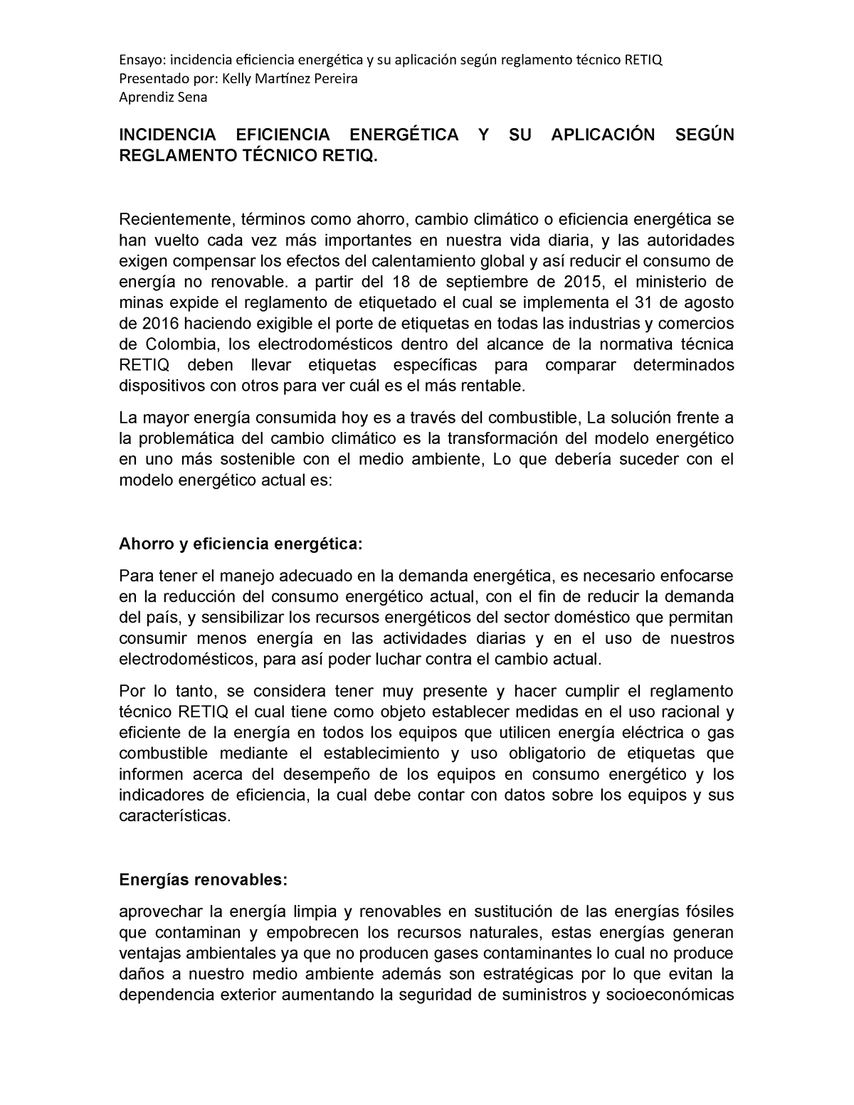 Ensayo retiq kelly - metdt - Ensayo: incidencia eficiencia energética y su  aplicación según - Studocu