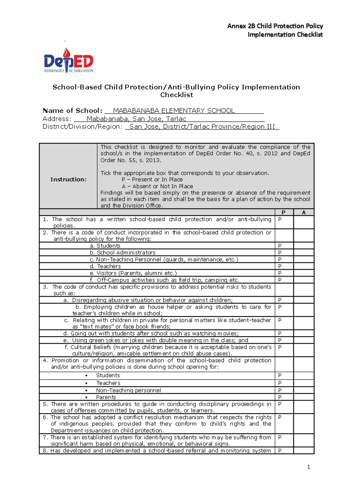 SIP Annex 2B Child Protection Policy Implementation Checklist Annex 