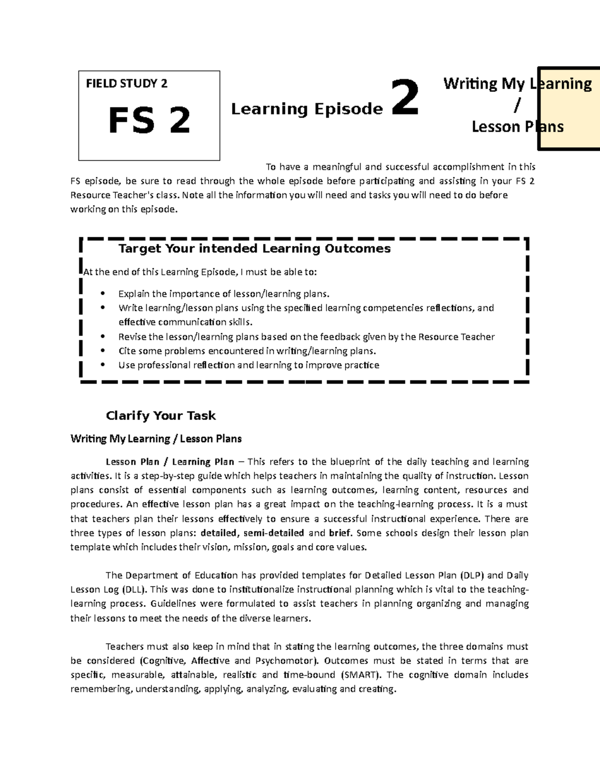 Fs 2 Episode 2 Writing My Learning Lesson Plan Learning Episode 2 To Have A Meaningful And 9377