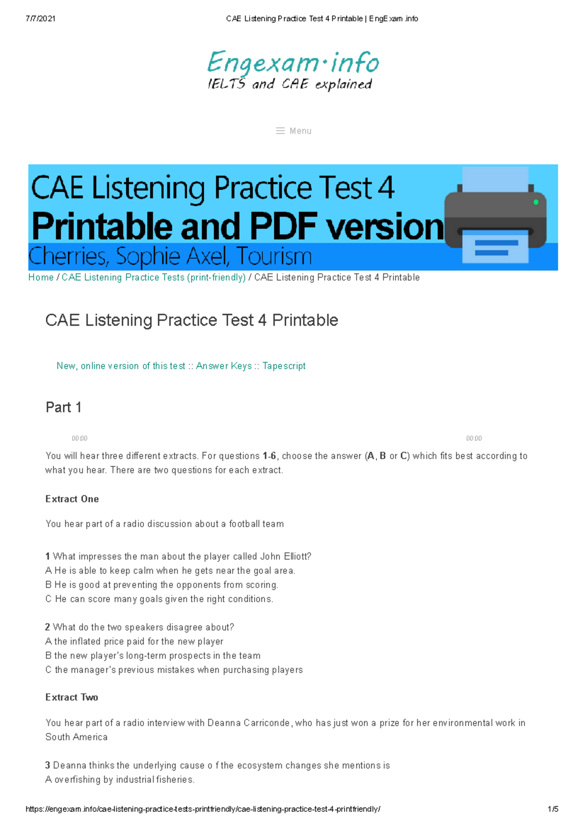 CAE Listening Practice Test 4 Printable Eng Exam - 7/7/2021 CAE ...