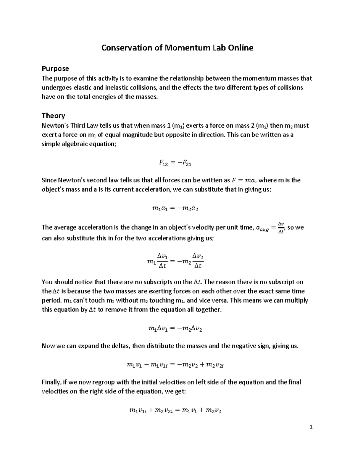 Conservation Of Momentum Lab - Theory Newton’s Third Law Tells Us That ...