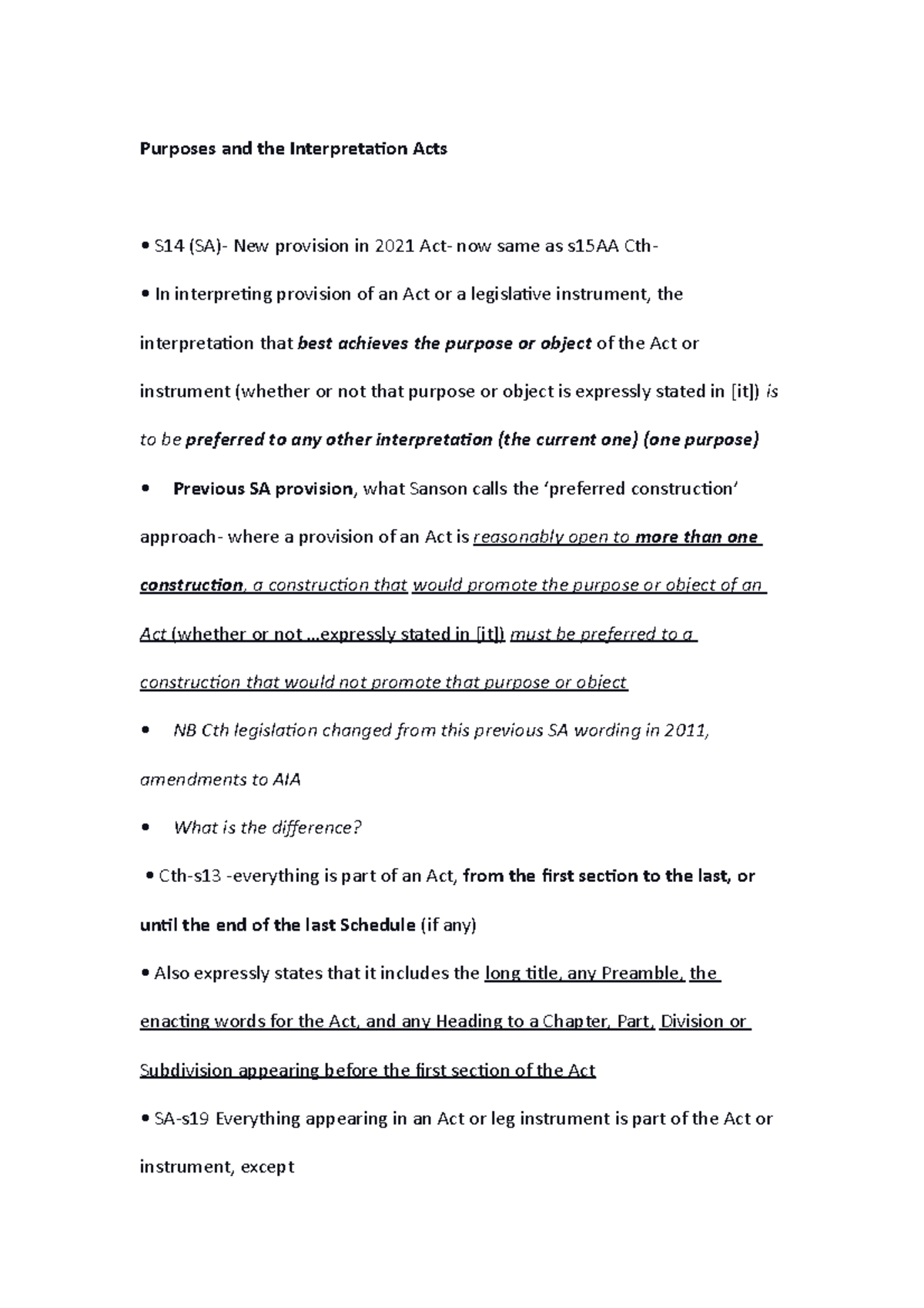 2022 Statutory Interpretation Notes (Lecture 3) Purposes and the