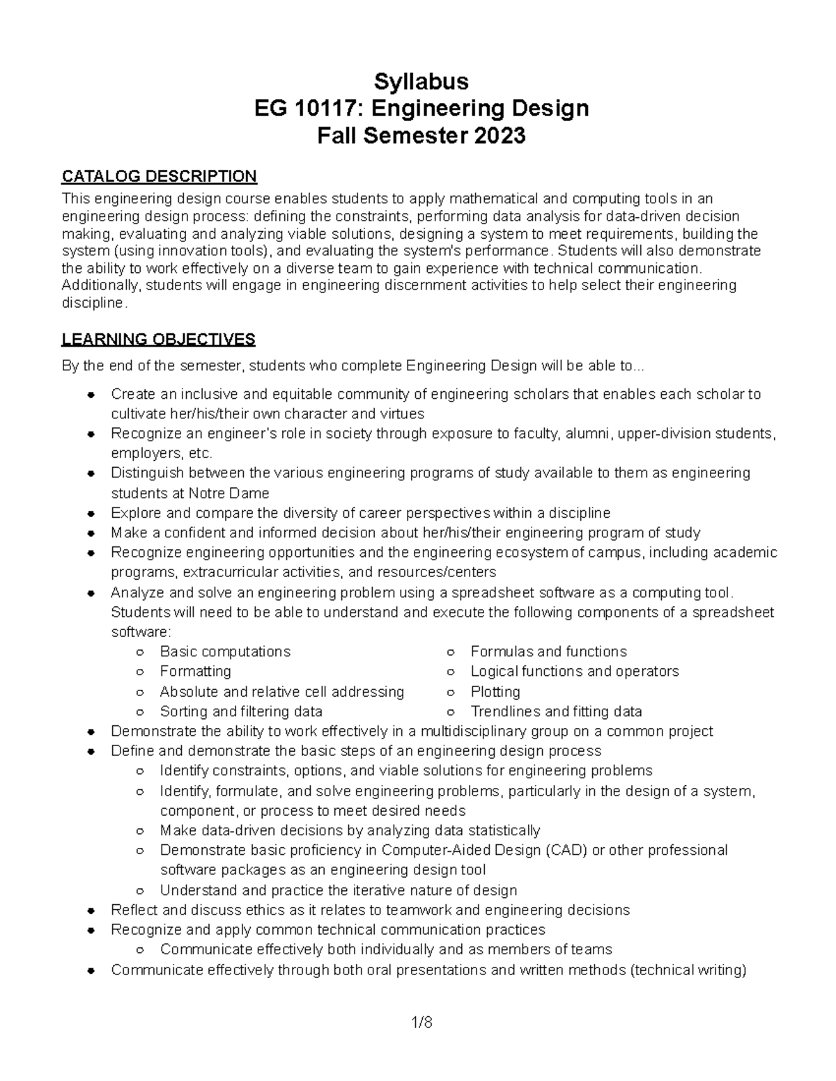 EG10117 Syllabus - Fall 2023 - Syllabus EG 10117: Engineering Design ...