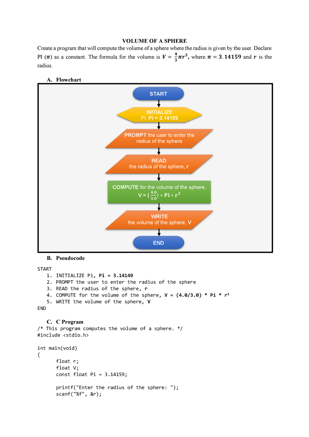 Volume Of A Sphere Flowchart Pseudocode C Program Volume Of A