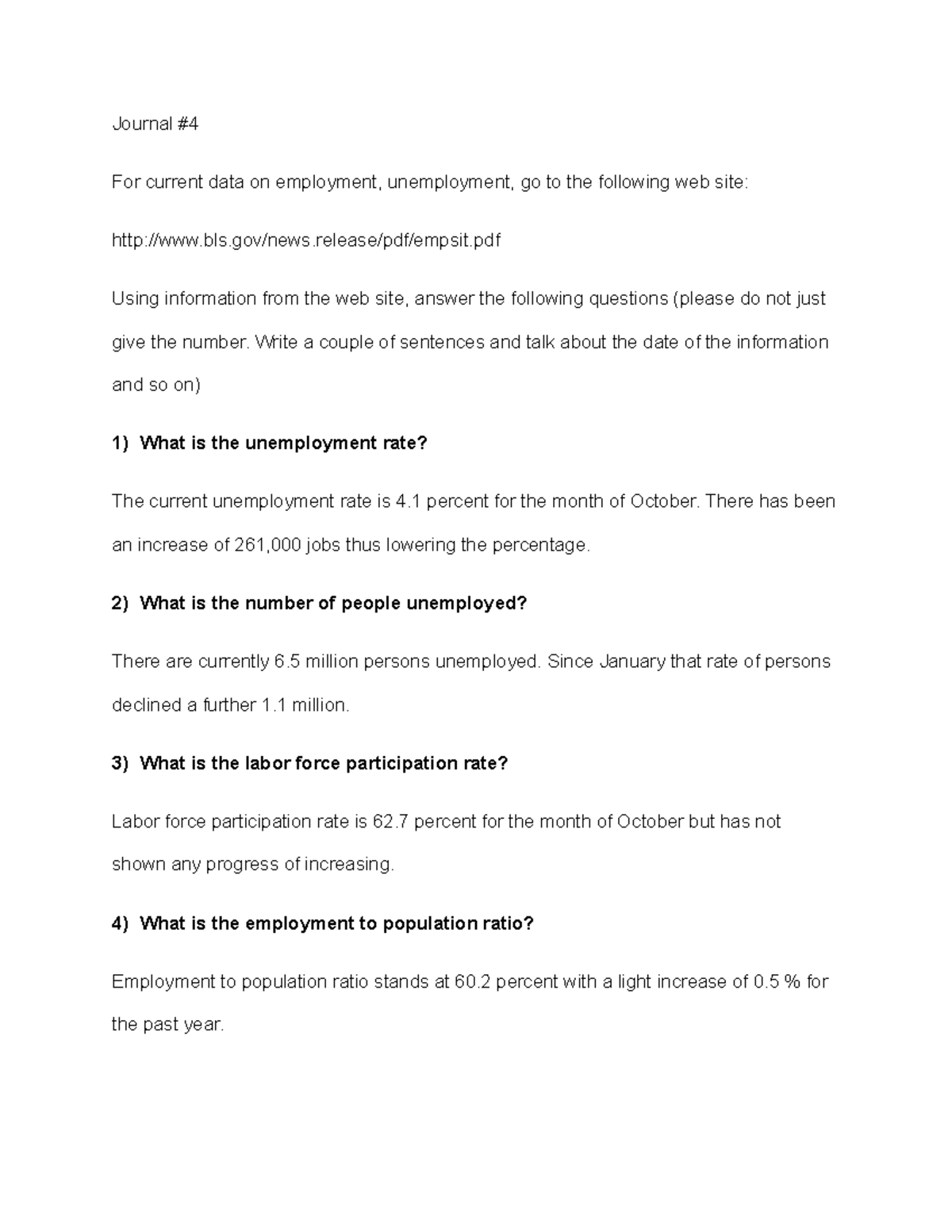 Journal #4 - Journal For current data on employment, unemployment, go ...