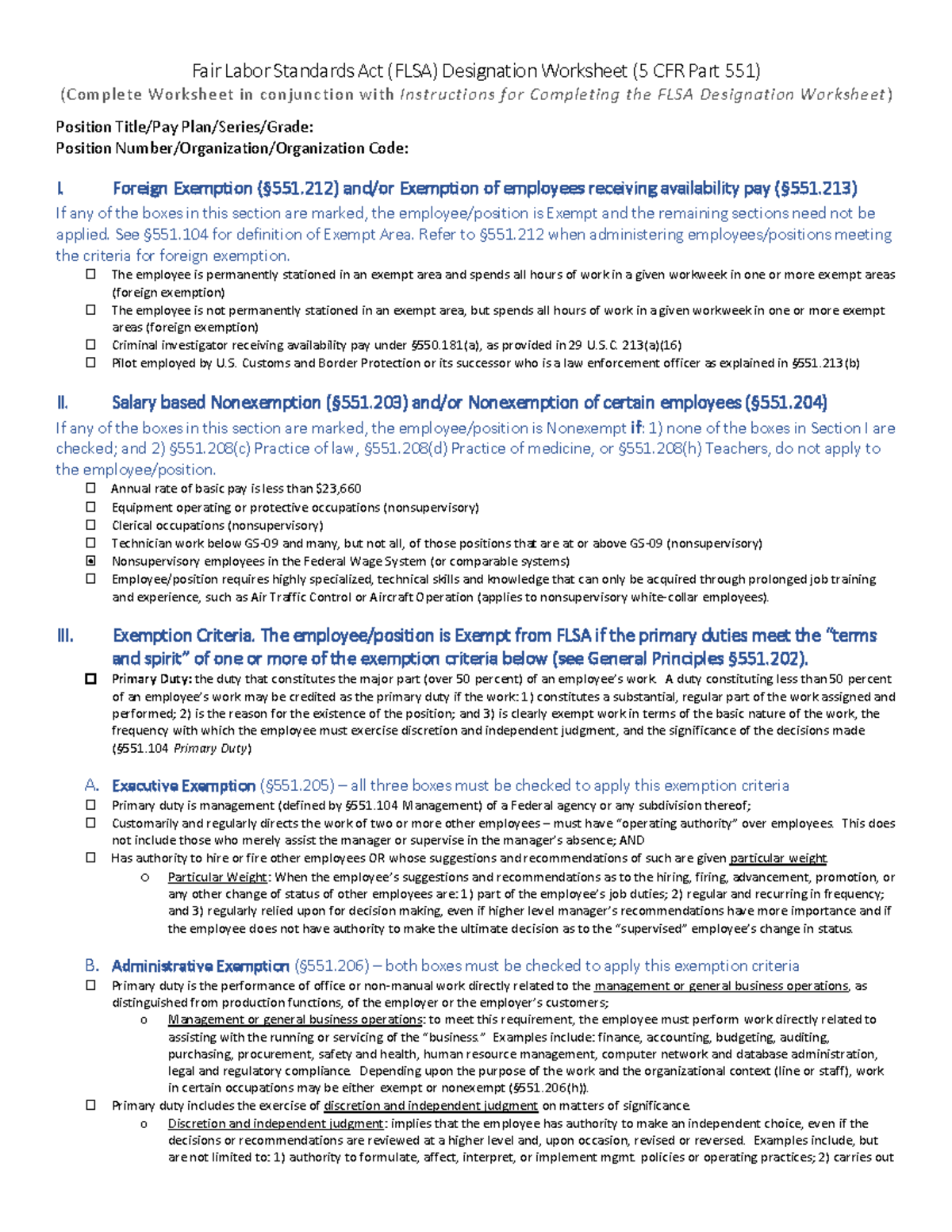 FLSA Worksheet HRM 225 - Fair Labor Standards Act (FLSA) Designation ...