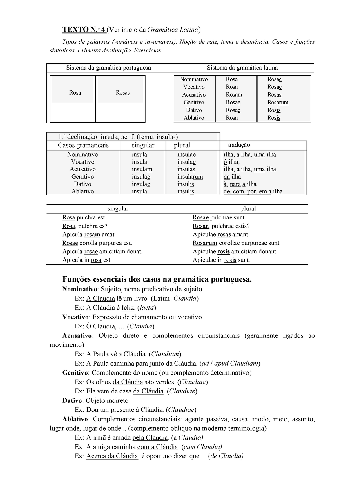 Exercícios de Latim - declinações, tradução e morfossintaxe - Latim I