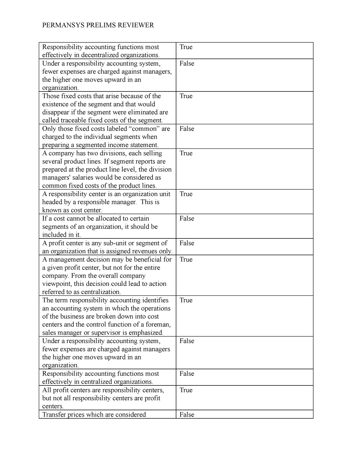 Permansys Prelims - Responsibility accounting functions most ...