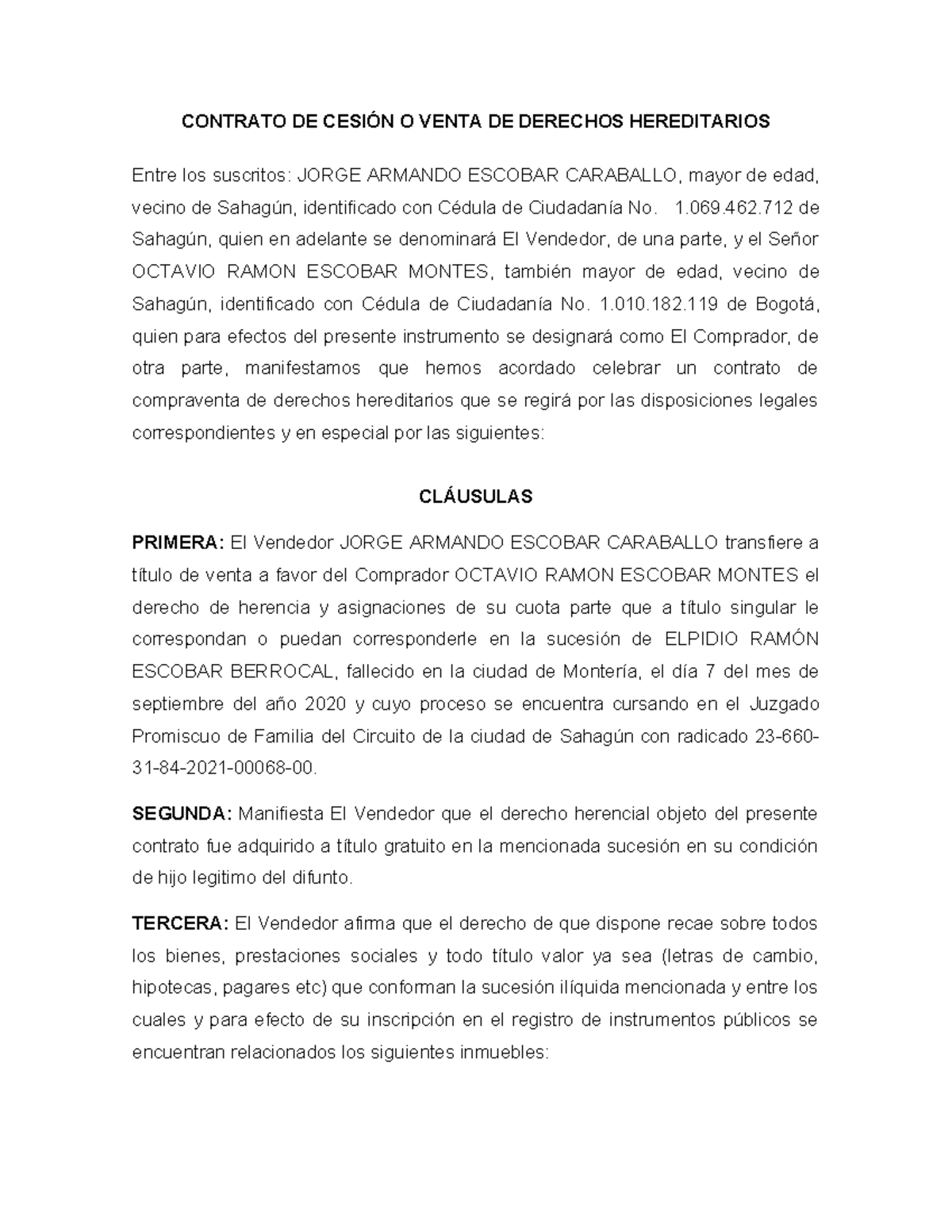 Contrato De Cesión O Venta De Derechos Hereditarios - CONTRATO DE ...