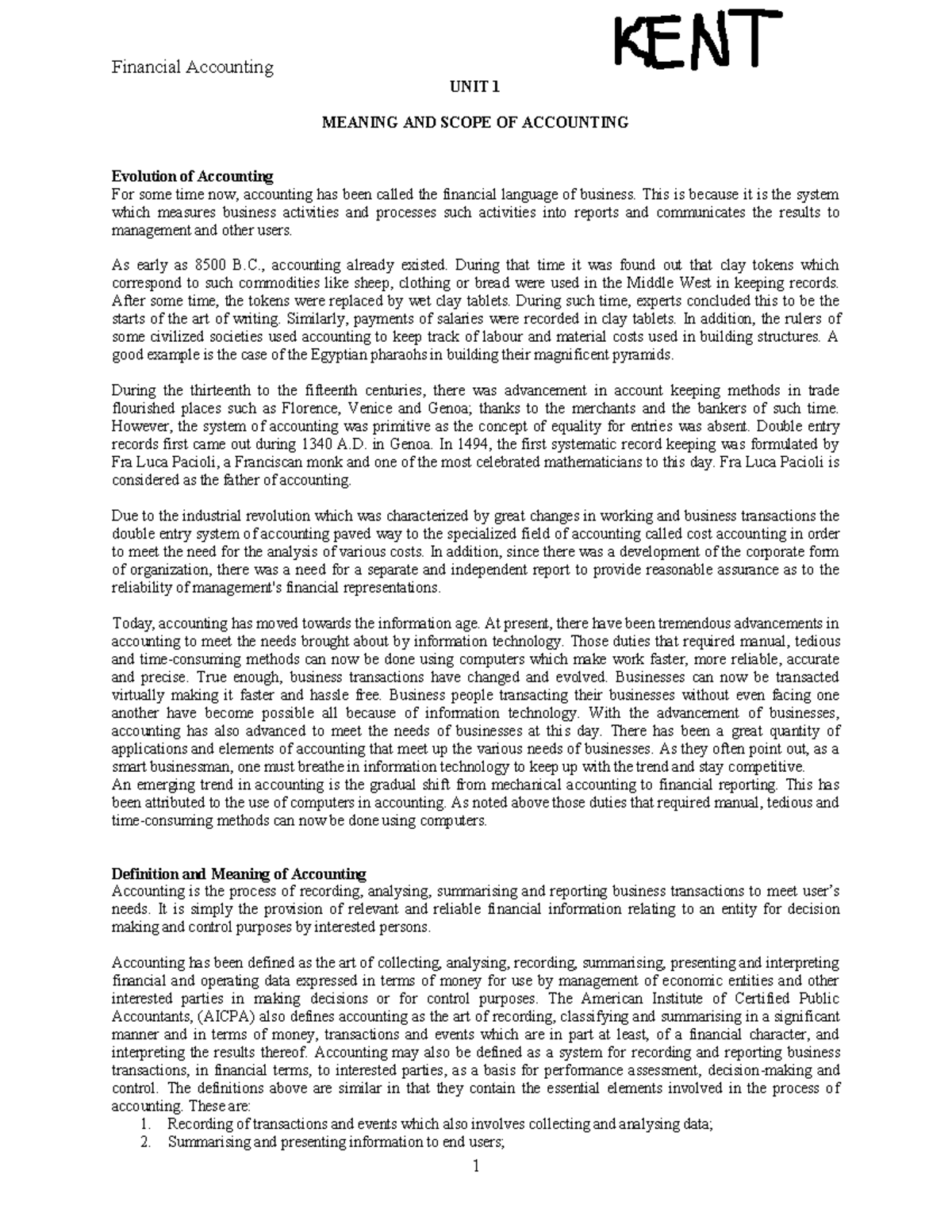 F. Accounting from Kent UNIT 1 MEANING AND SCOPE OF ACCOUNTING