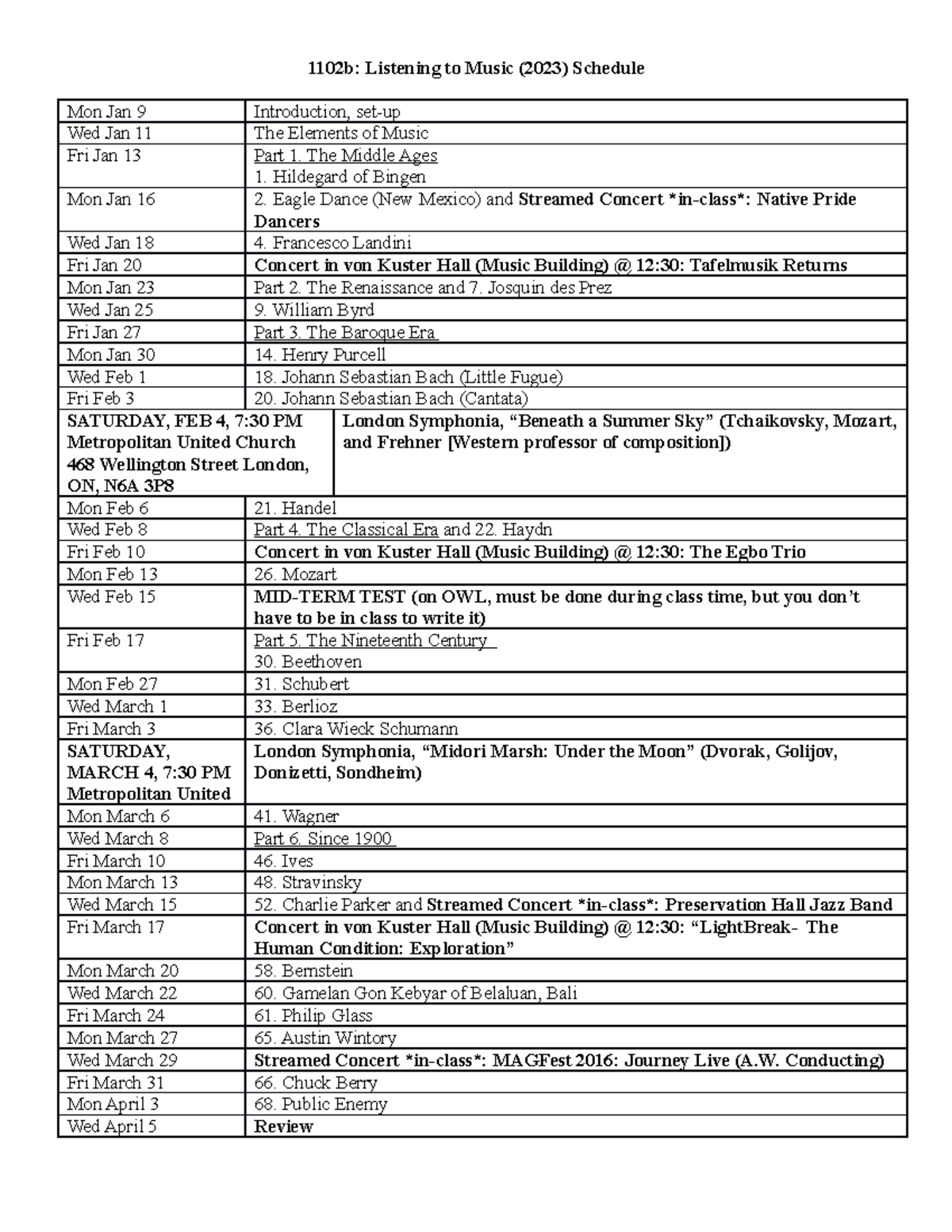 1102b Schedule - Course outline - 1102b: Listening to Music (2023 ...