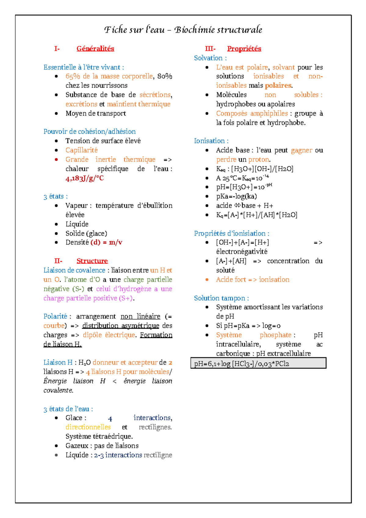 Fiche De Cours Sur L'eau Cours De Xavier - Fiche Sur L’eau – Biochimie ...