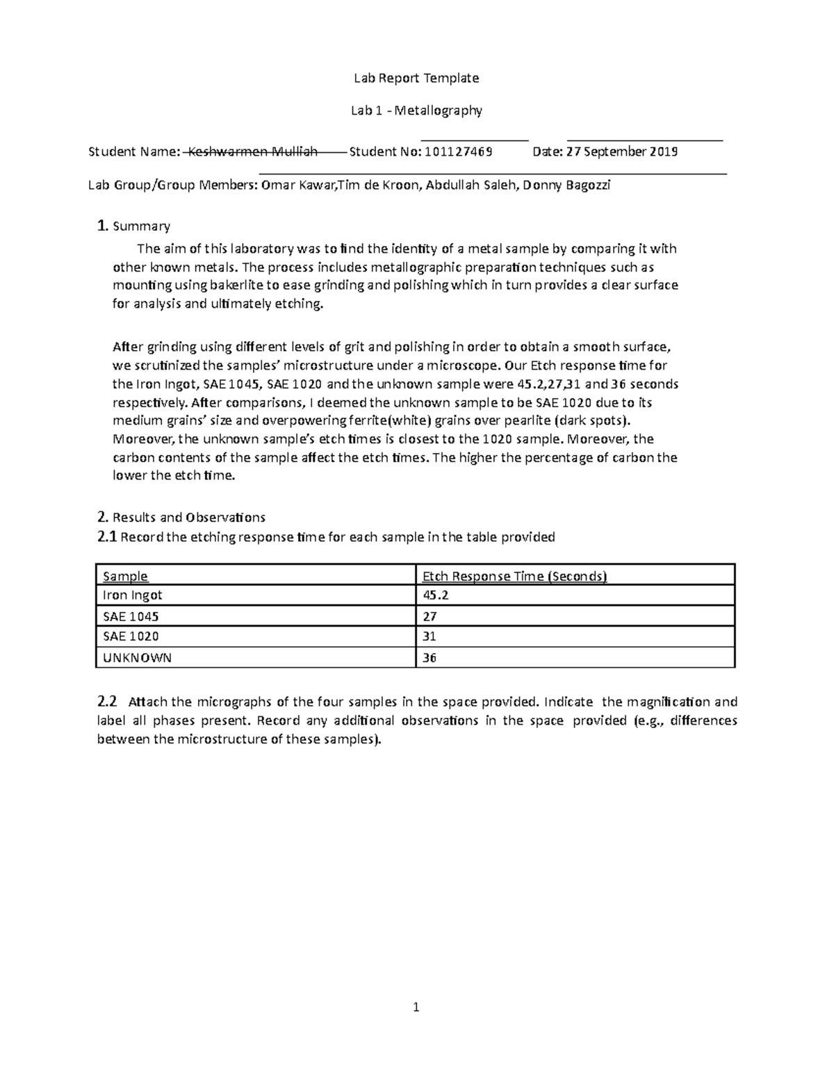 MAAE2700 Lab 01 Lab 1 Report Lab Report Template Lab 1