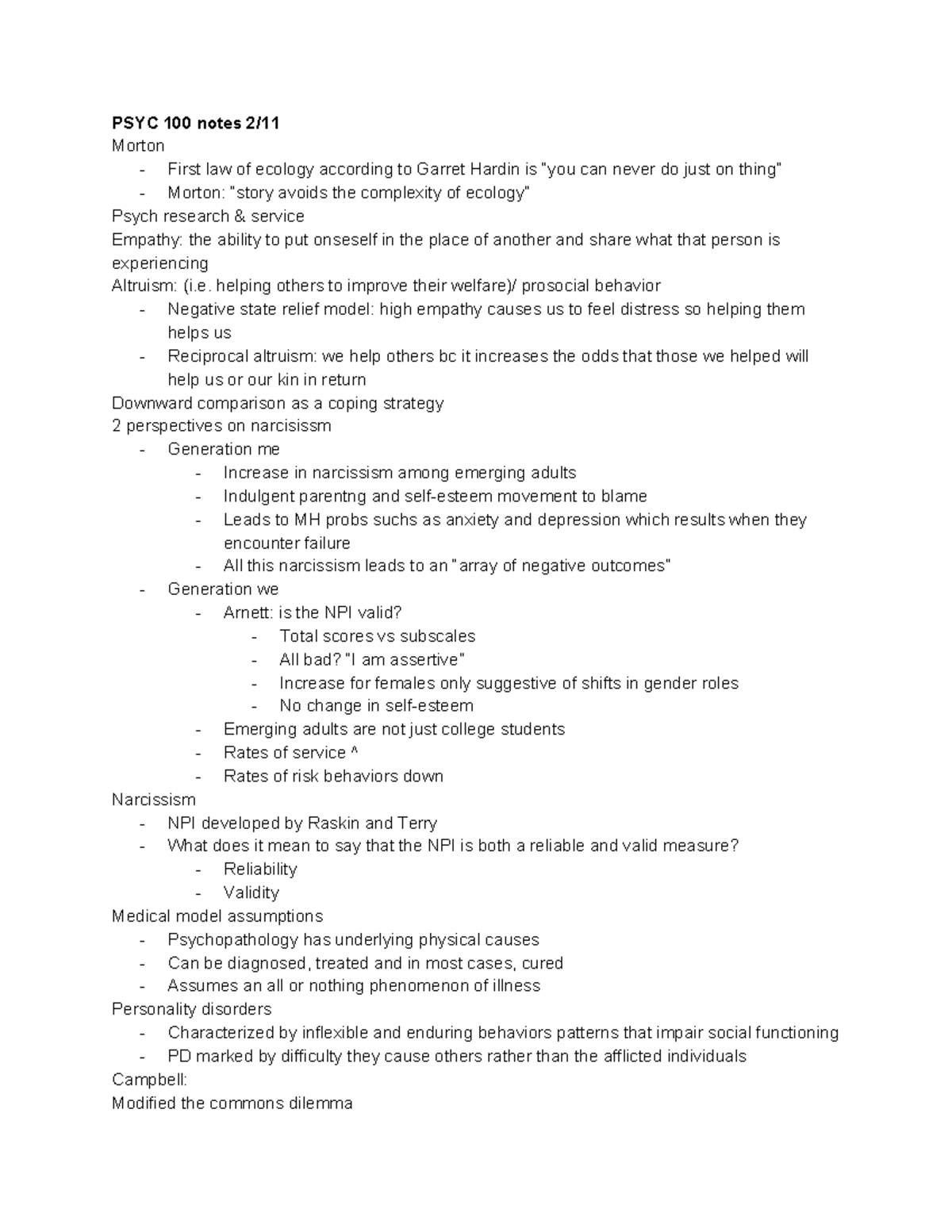 PSYC 100 notes 2 - PSYC 100 notes 2/ Morton - First law of ecology ...
