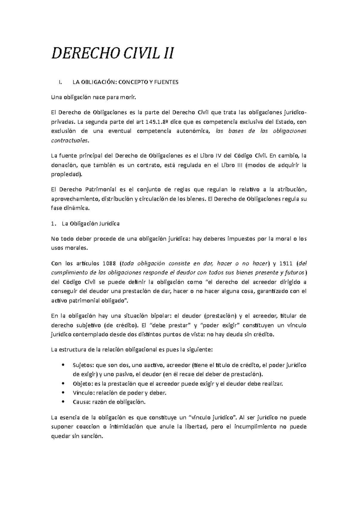 Derecho Civil II - Apuntes 1 - DERECHO CIVIL II I. LA OBLIGACIÓN ...