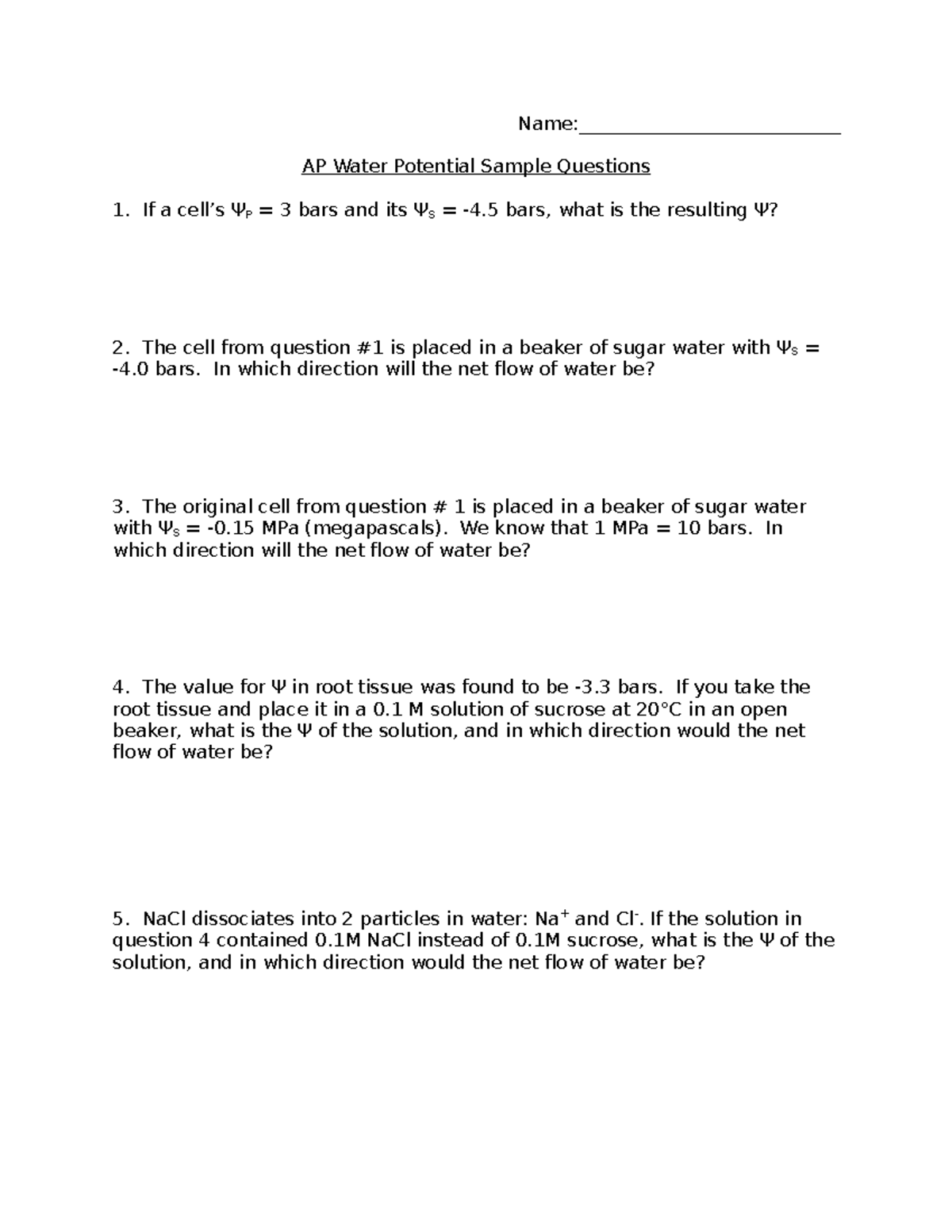 Water Potential Practice Questions - Name ...