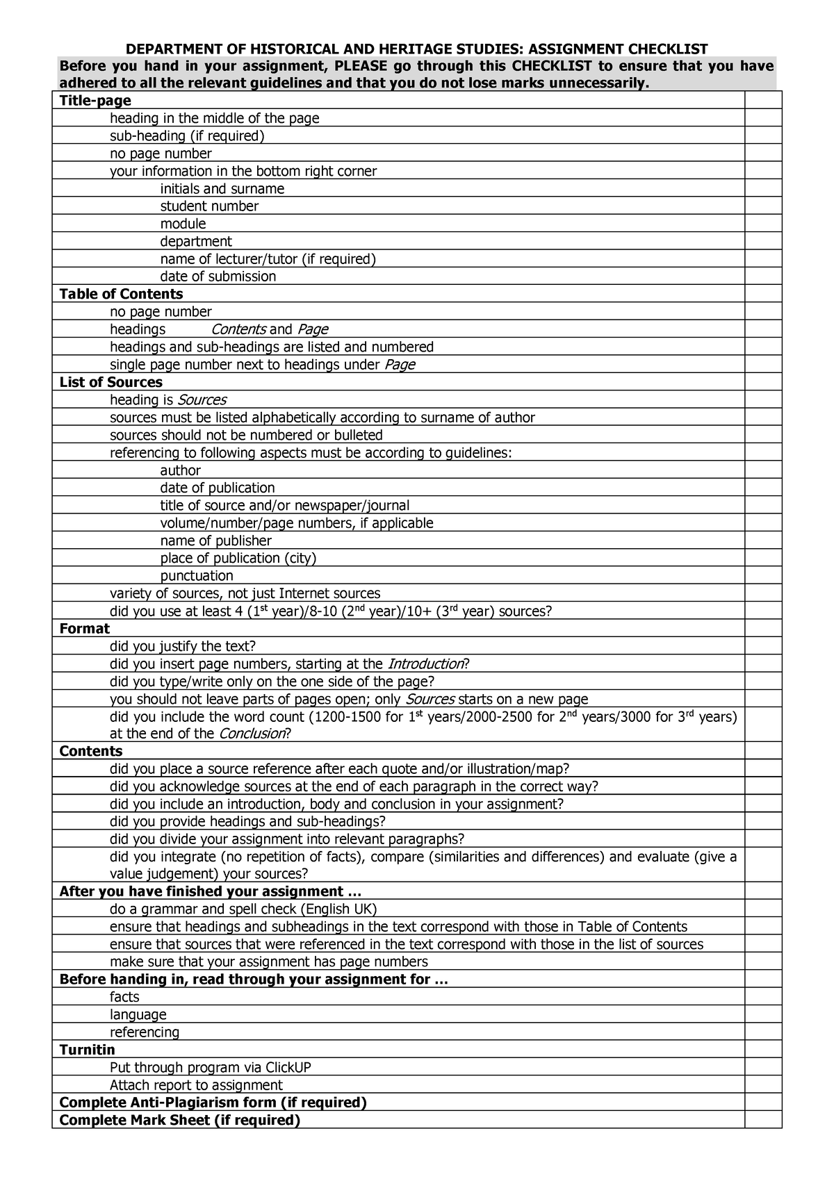 Assignment Checklist - Good - DEPARTMENT OF HISTORICAL AND HERITAGE ...