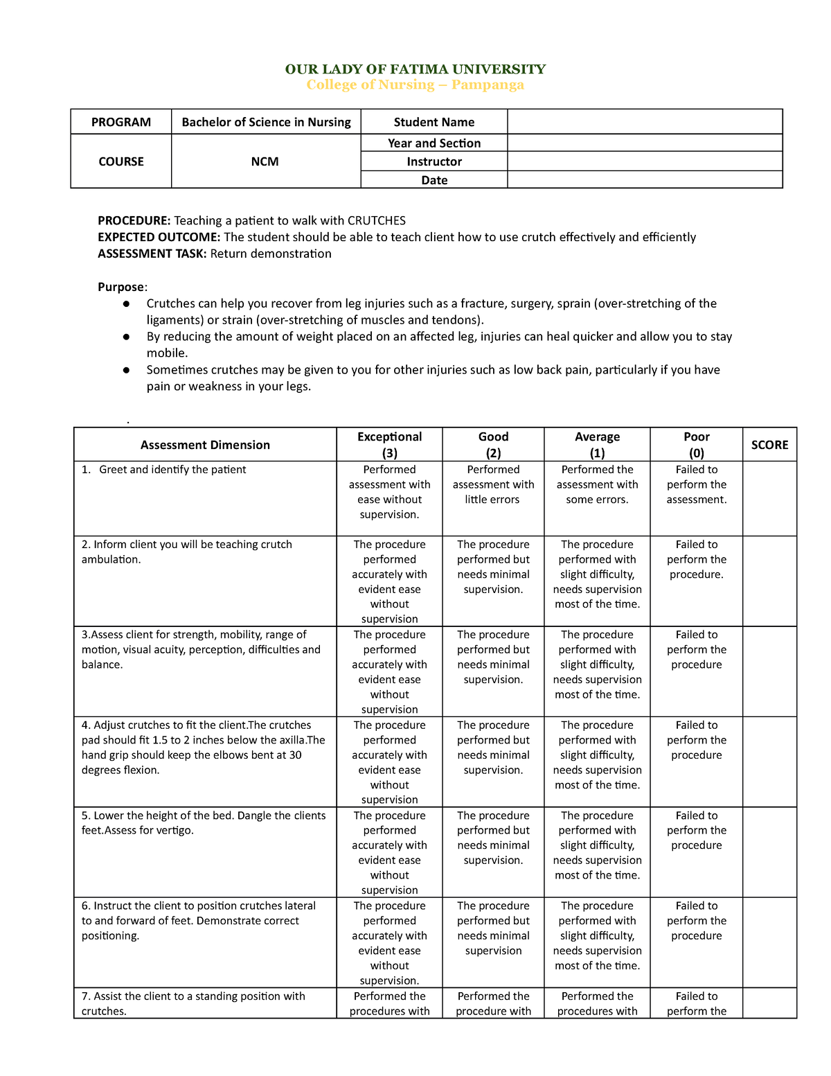 Crutches- Rubrics - reviewer - OUR LADY OF FATIMA UNIVERSITY College of ...