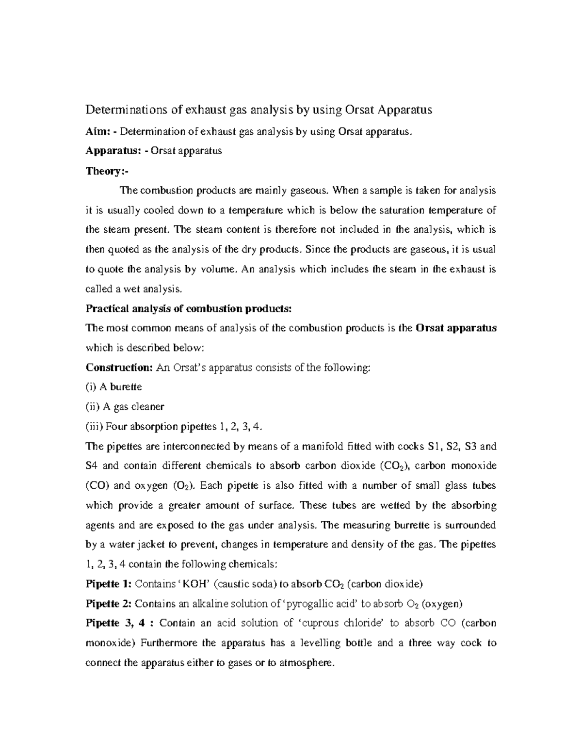 Orsat Gas Analysis Experiment PDF Transparent Materials, 47 OFF
