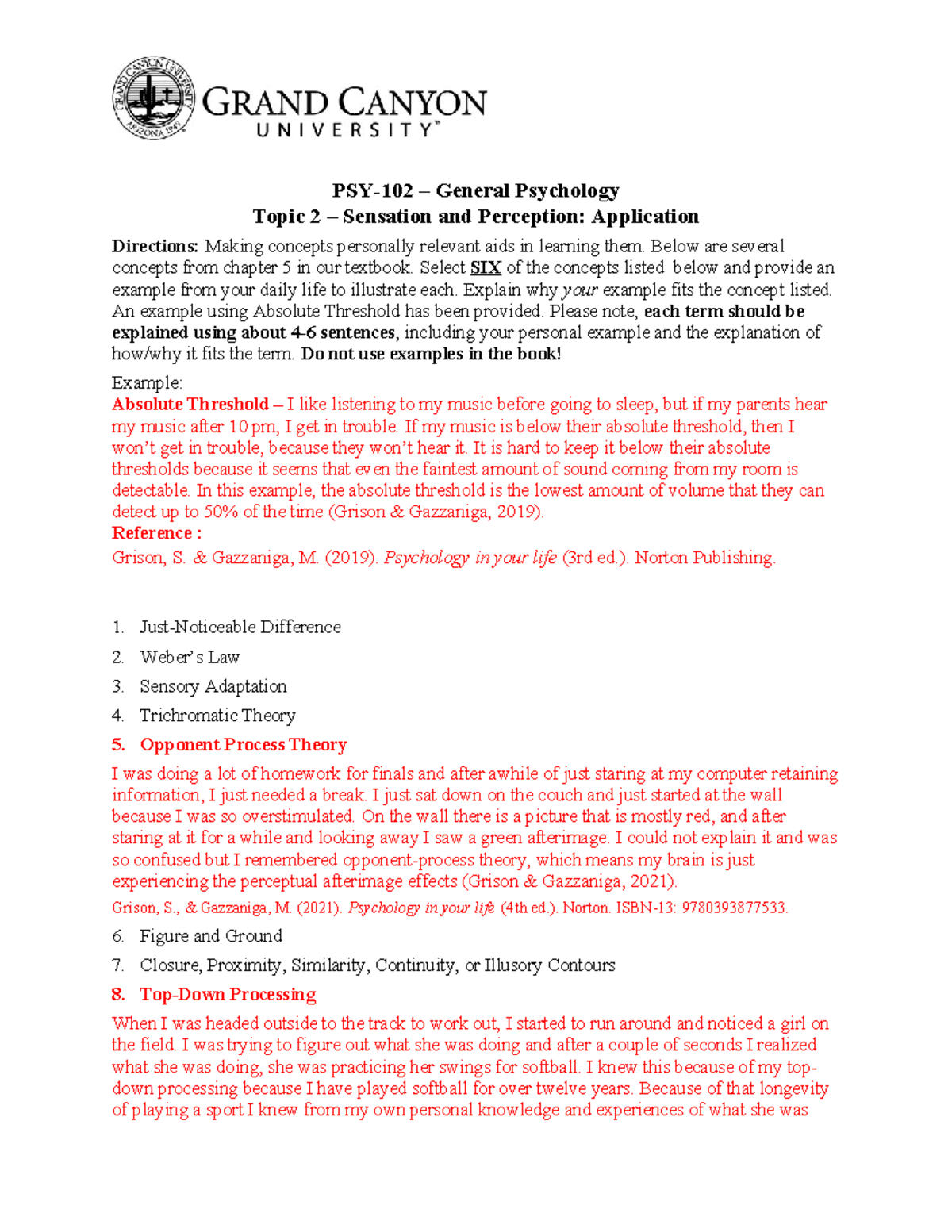 Sensation Perception Worksheet - PSY-102 – General Psychology Topic 2 ...