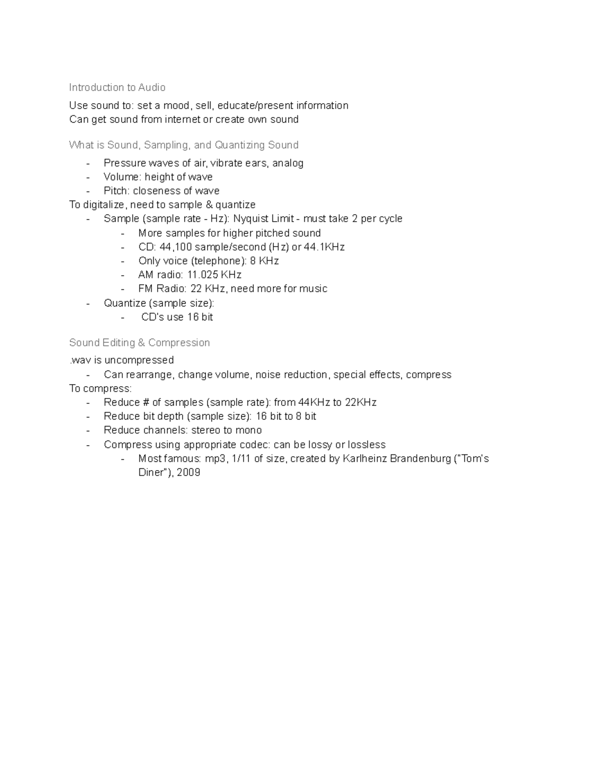 Week 10 Notes - Introduction to Audio Use sound to: set a mood, sell ...