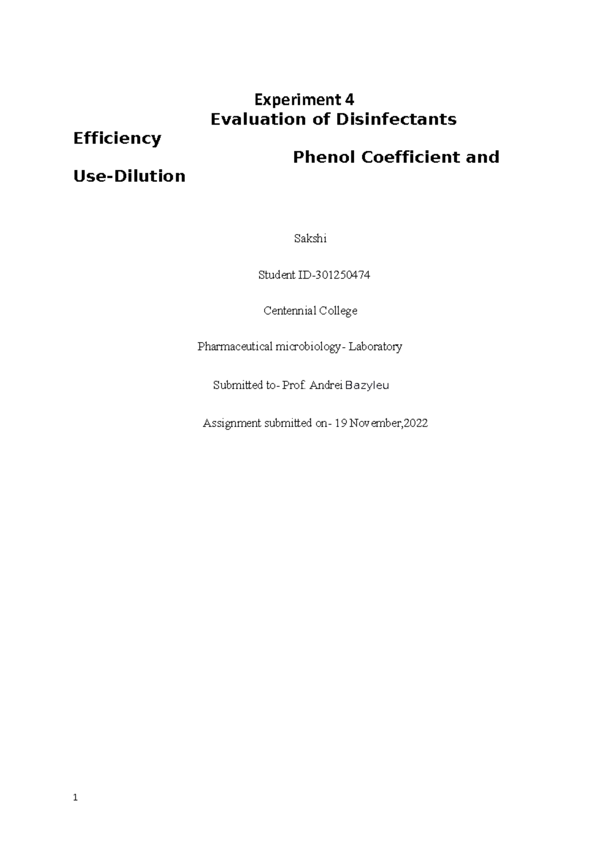 Semi formal report Experiment 4 Evaluation of Disinfectants