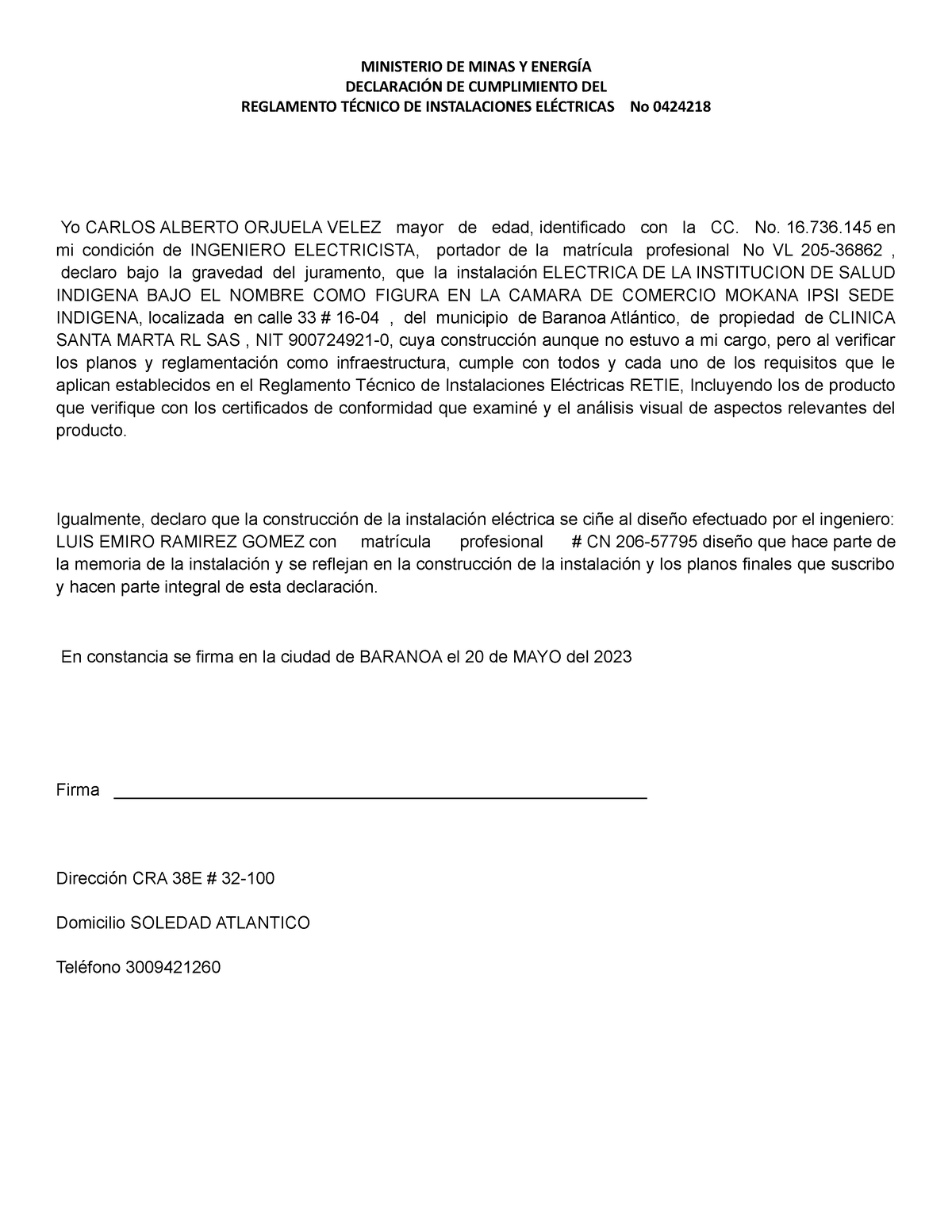 Certificado Instalaciones Electricas Final - MINISTERIO DE MINAS Y ...