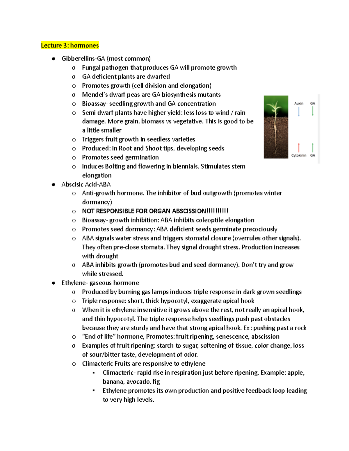 BIO 230 LECT 3 - Lecture notes 3 - Lecture 3: hormones Gibberellins-GA ...