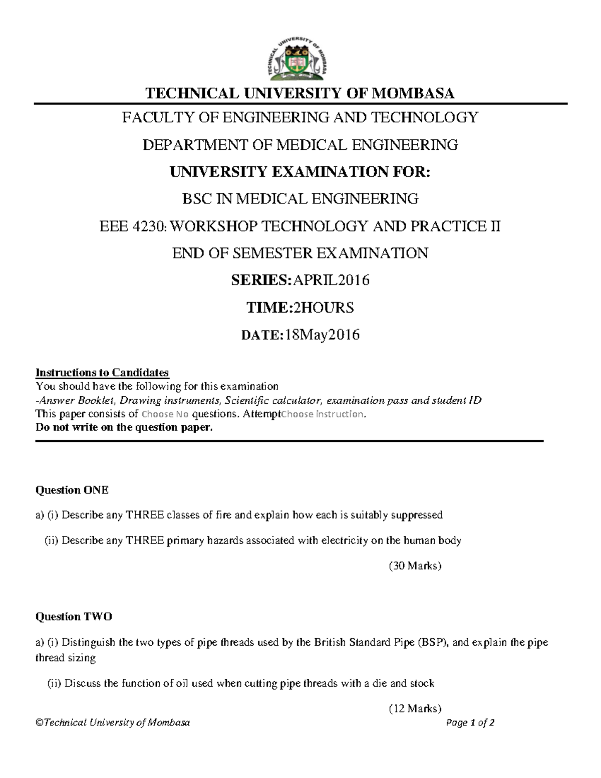 EEE4230 Workshop Technology and Pracctice II Main - ©Technical ...