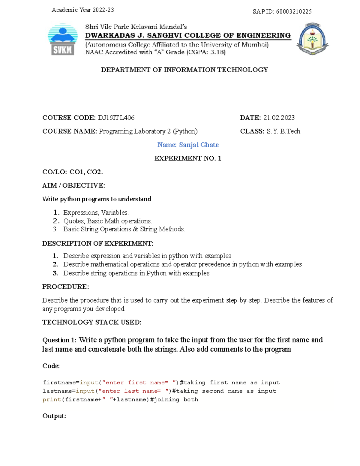 60003210225 Python exp 1 - DEPARTMENT OF INFORMATION TECHNOLOGY COURSE ...