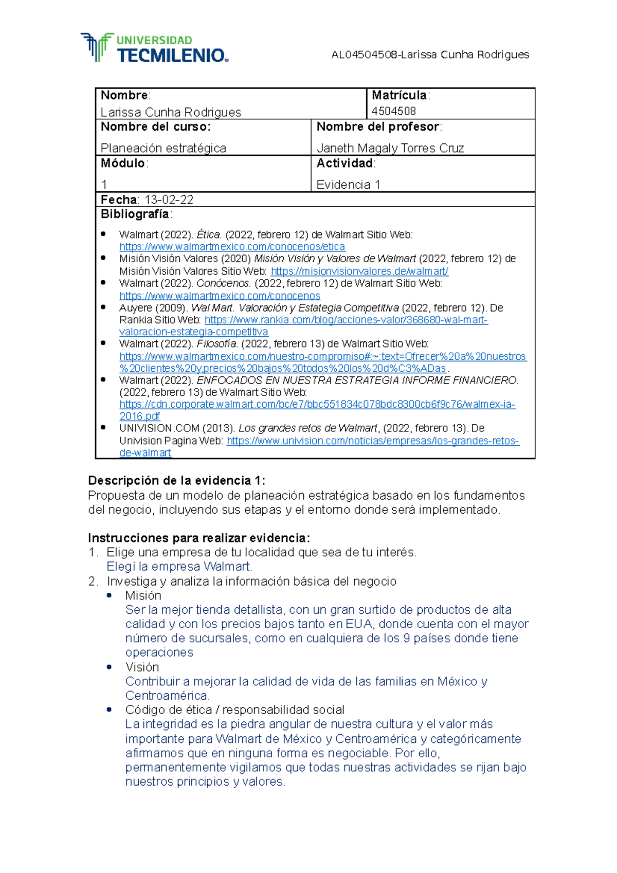 Evidencia 1 planeacion estrategica tecmilenio ... - Nombre : Larissa ...