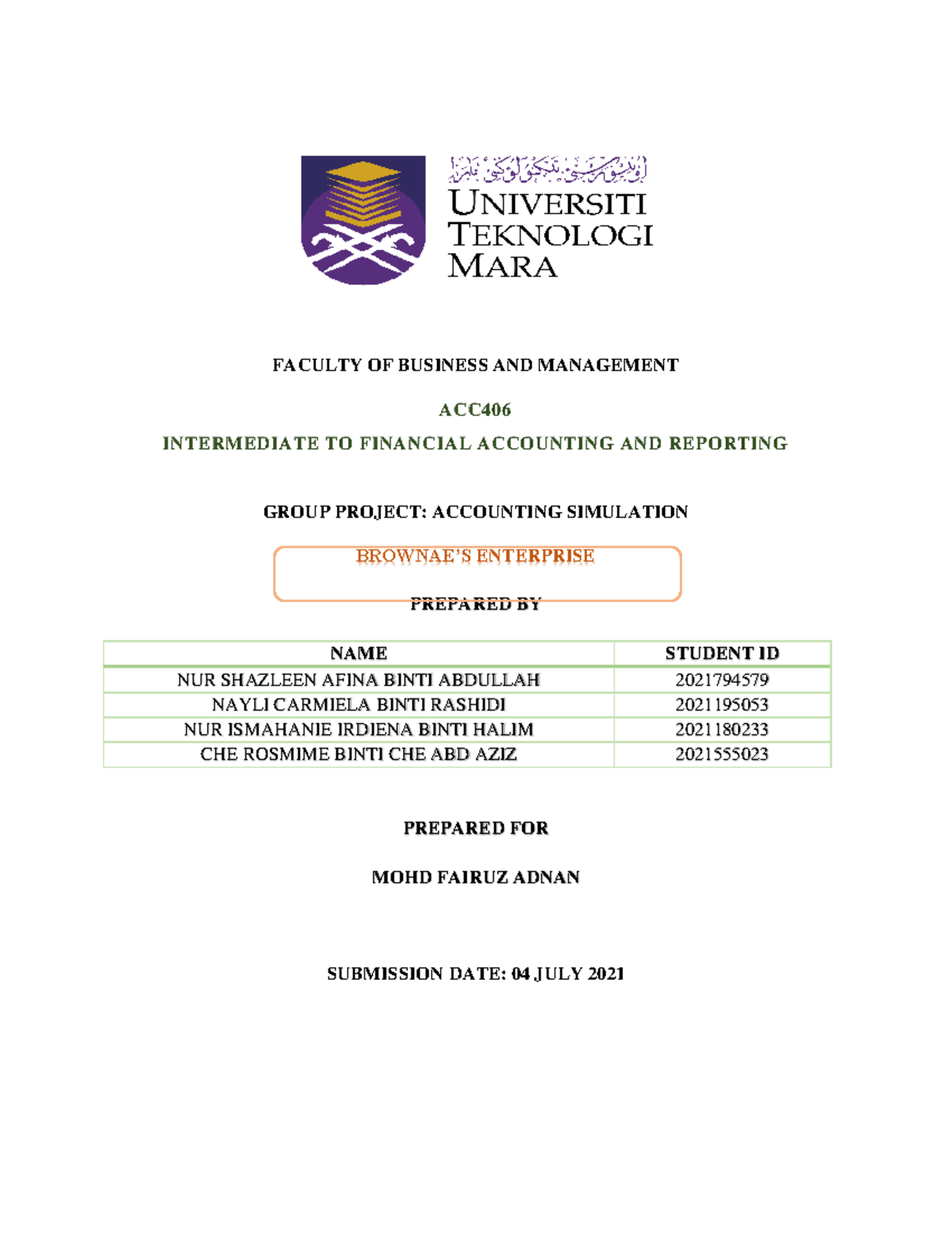 Accounting Simulation ( Project 2)- Brownaes Enterprise - FACULTY OF ...