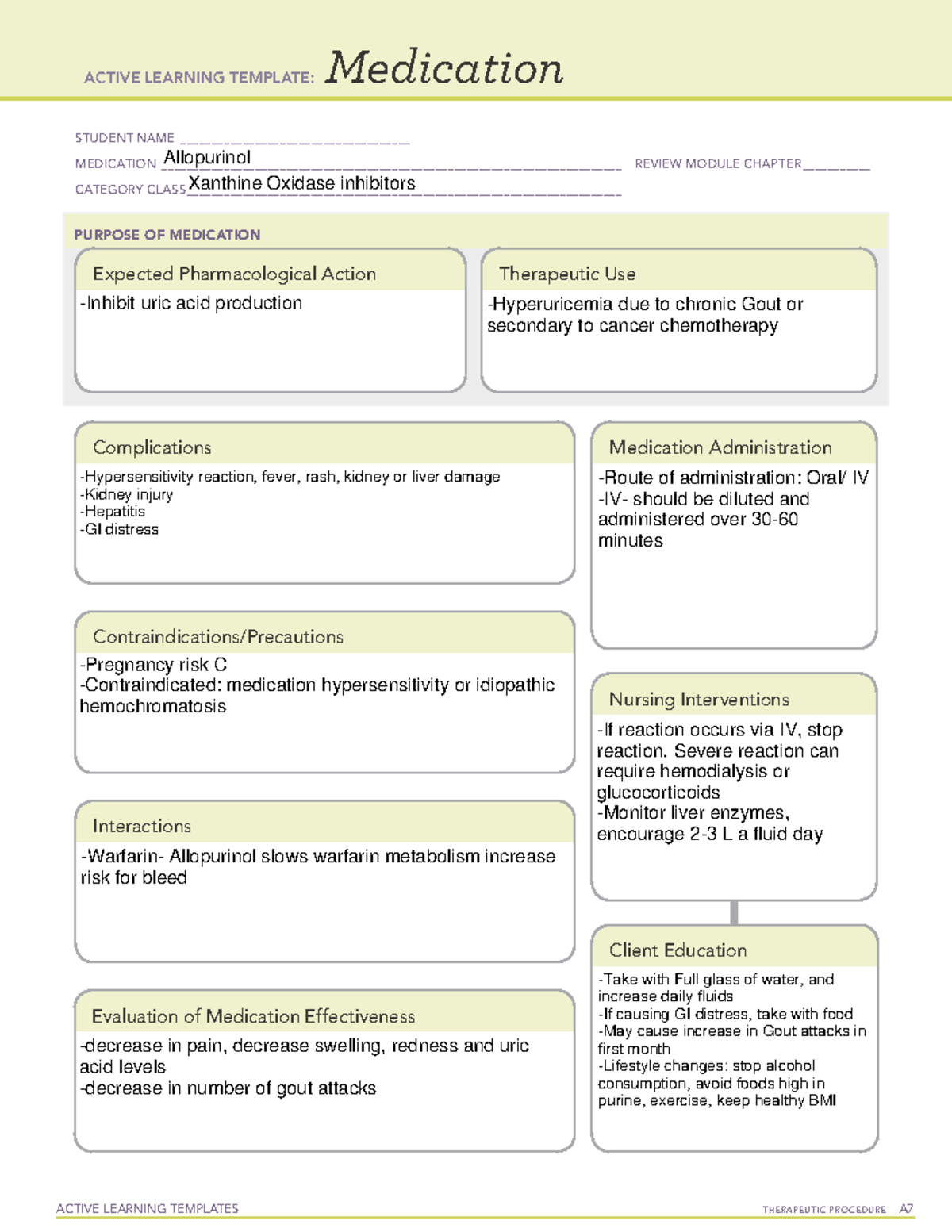 medication Allopurinol ACTIVE LEARNING TEMPLATES THERAPEUTIC