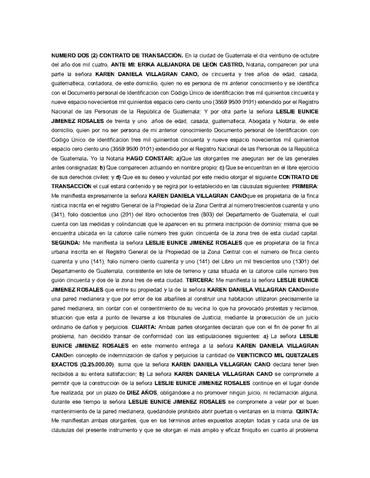 Transaccion - Contrato de transacción ejemplo - NUMERO DOS ( 2 ...