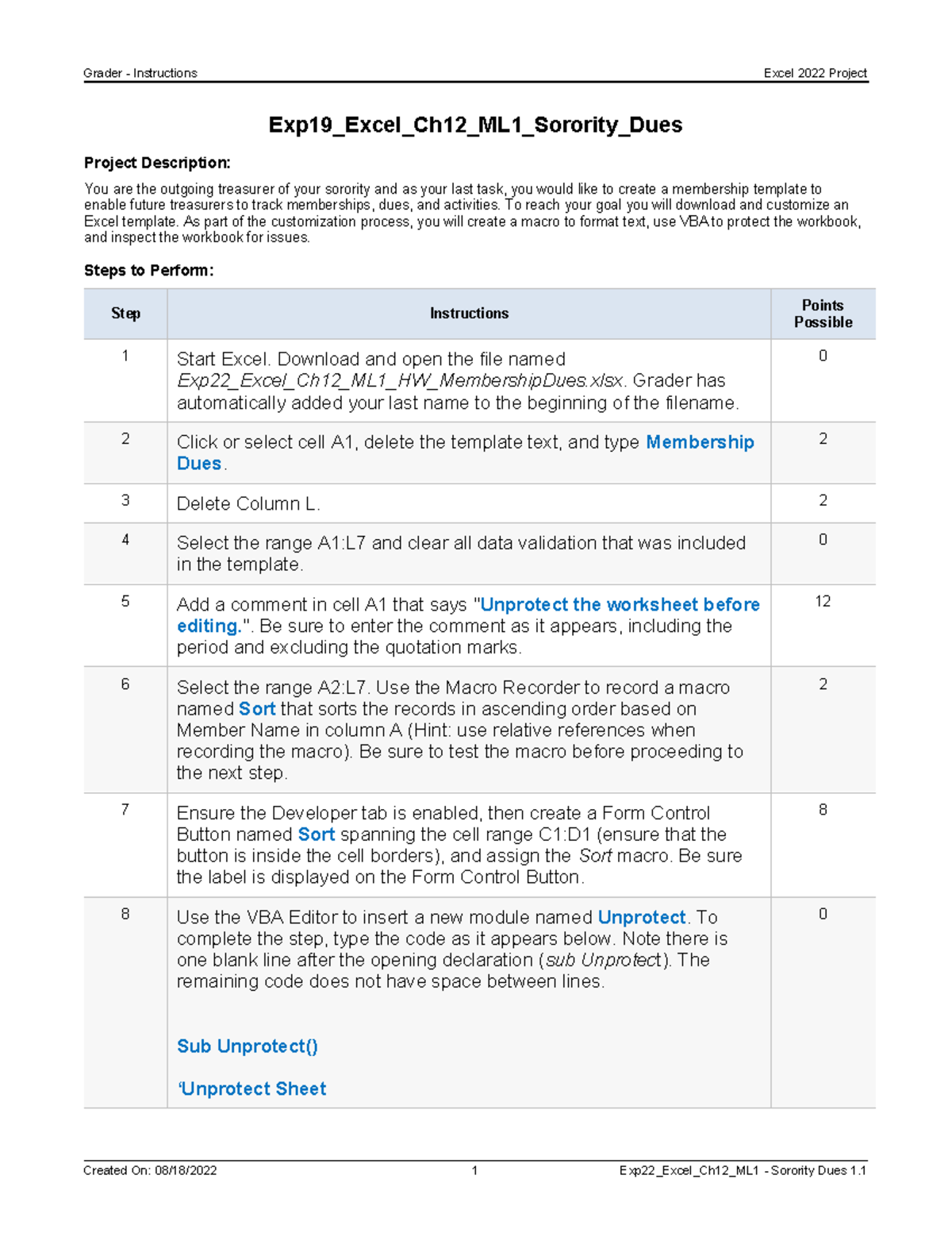 Exp19 Excel Ch12 ML1 Sorority Dues Instructions Grader Instructions