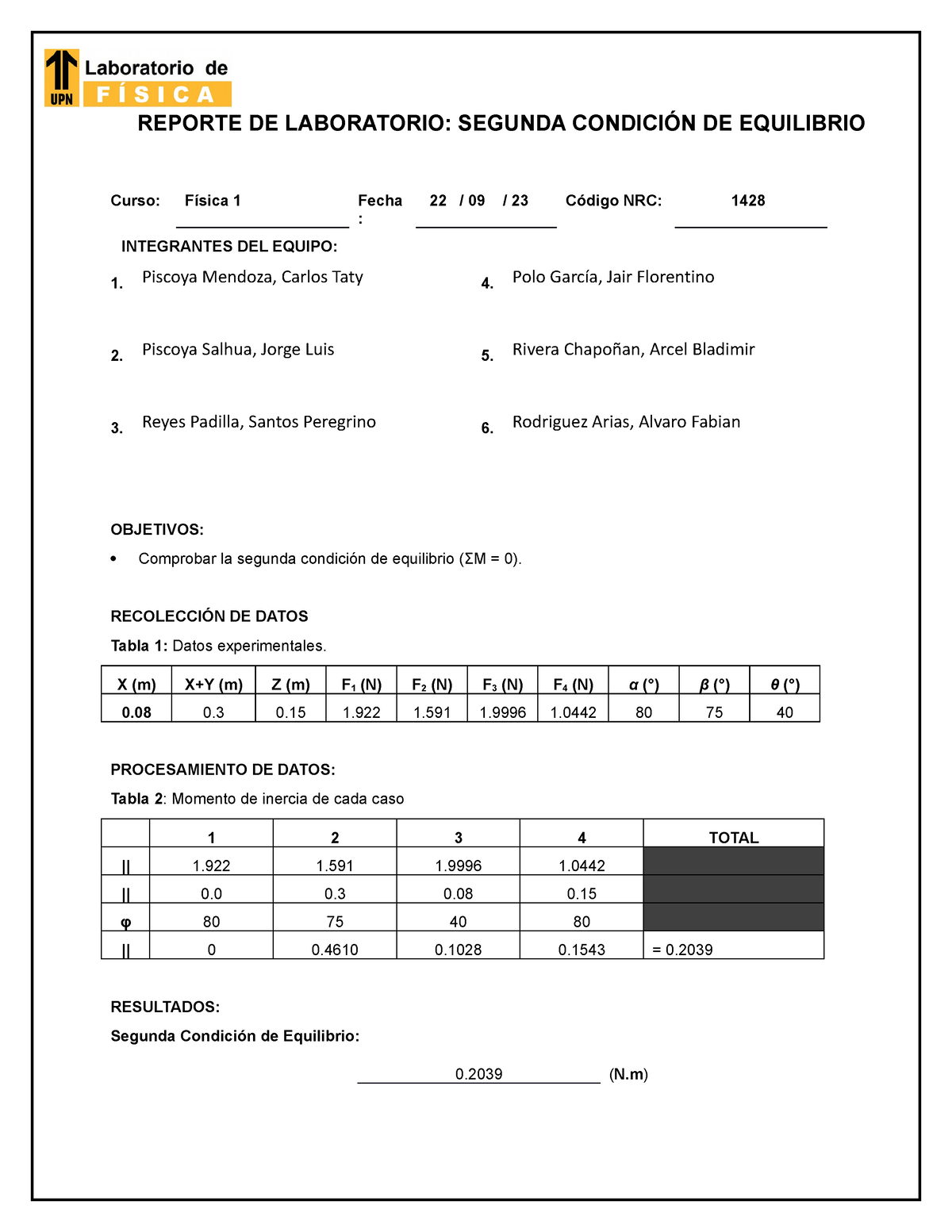 Reporte Lab Fisi1 S06 Grupo 4 Reporte De Laboratorio Segunda