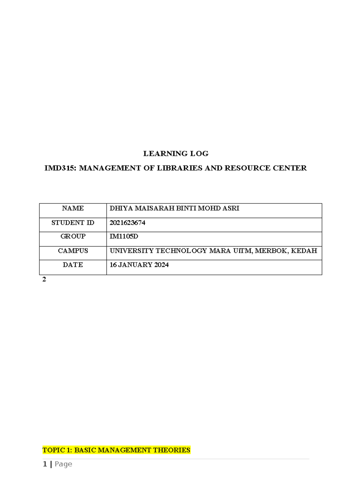 IMD315 Learning LOG - LEARNING LOG IMD315: MANAGEMENT OF LIBRARIES AND ...