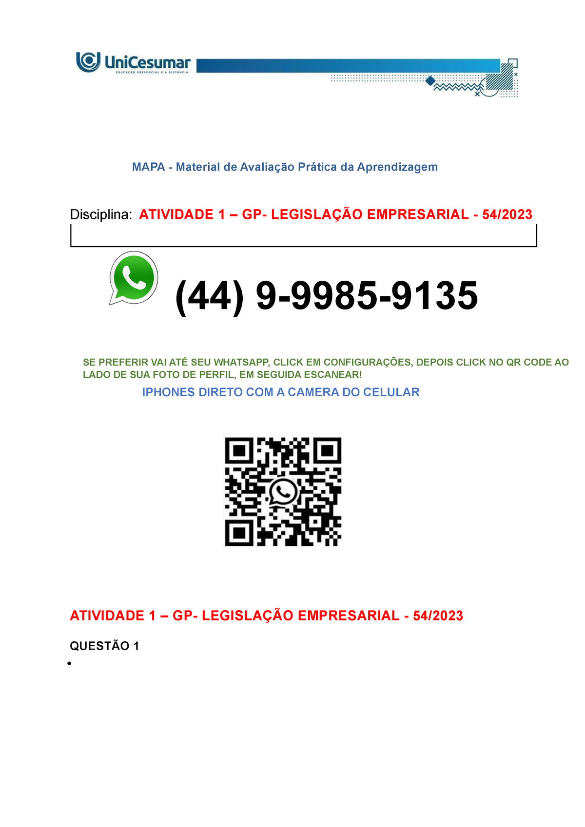 ATIVIDADE 1 – GPUB - LEGISLAÇÃO EMPRESARIAL - 54/2023 QUESTÃO 1 • A LEI ...