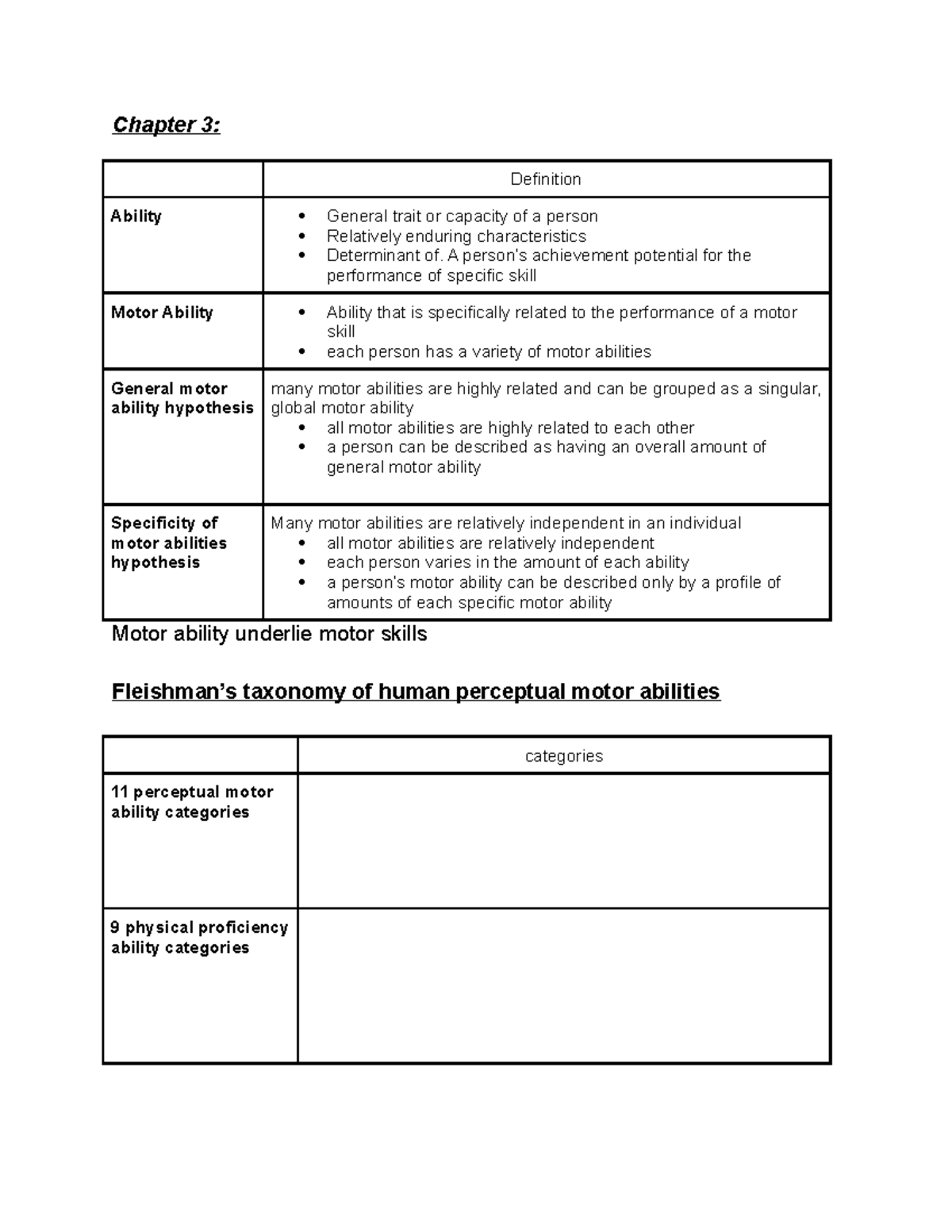 Motor Learning Worksheet Week 3 Chapter 3 Definition Ability General trait or capacity of a