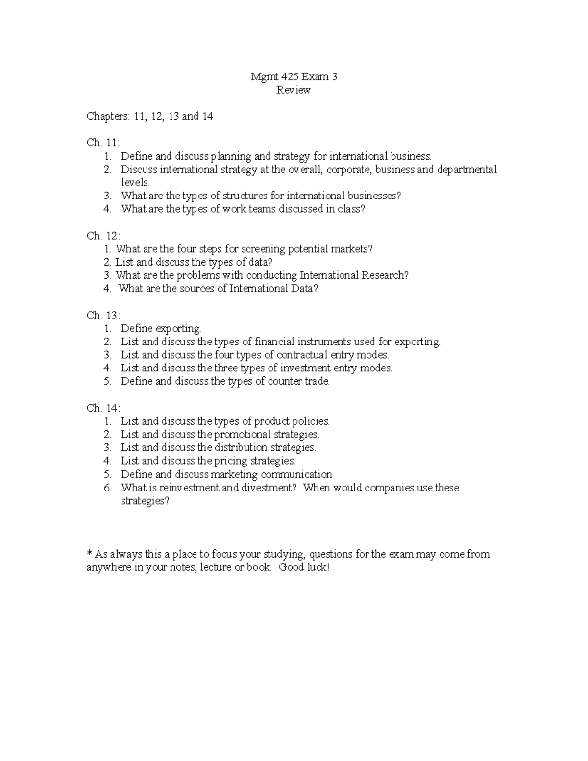 Mgmt 425 Exam 3 Review - Mgmt 425 Exam 3 Review Chapters: 11, 12, 13 ...