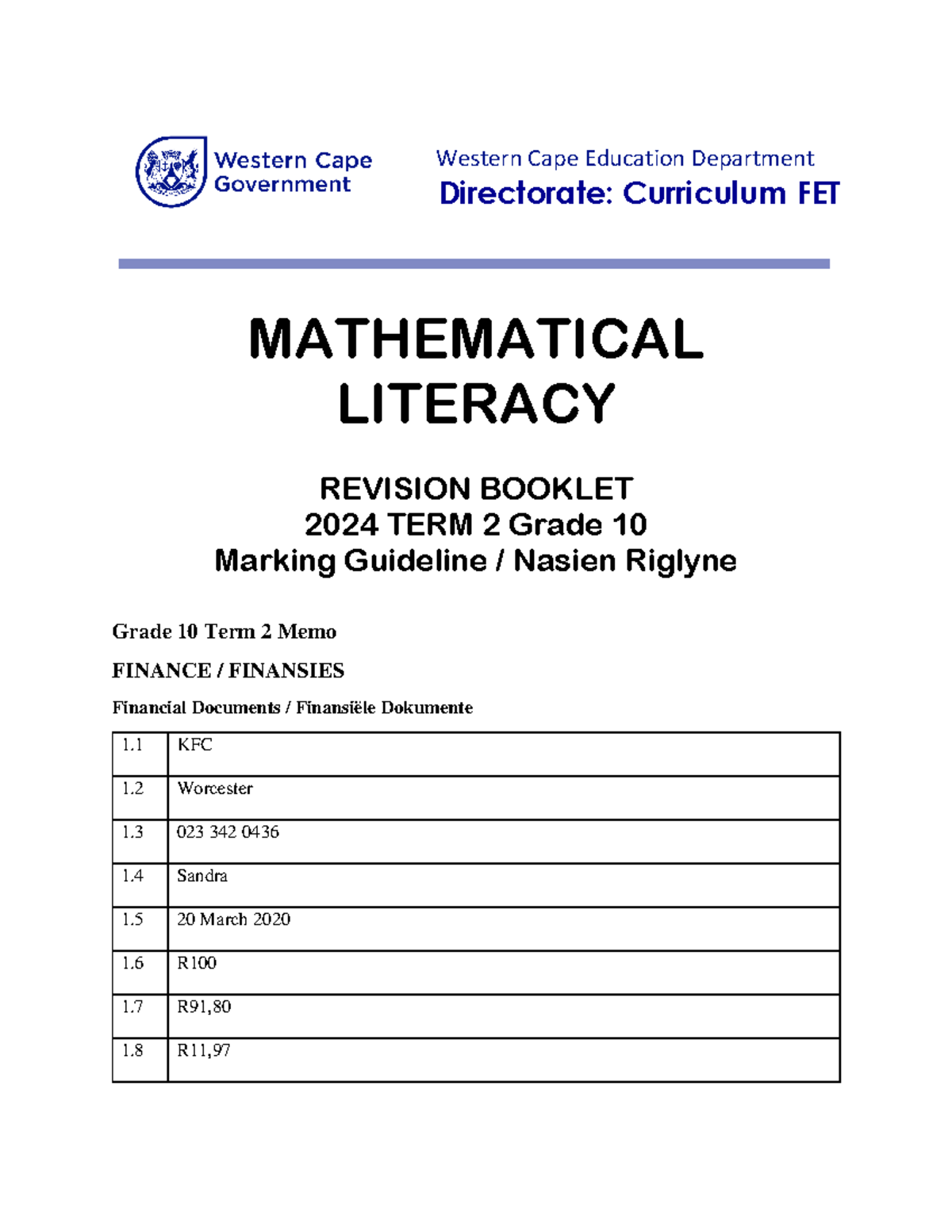 Mathematical Literacy Memo GR 10 - Western Cape Education Department ...