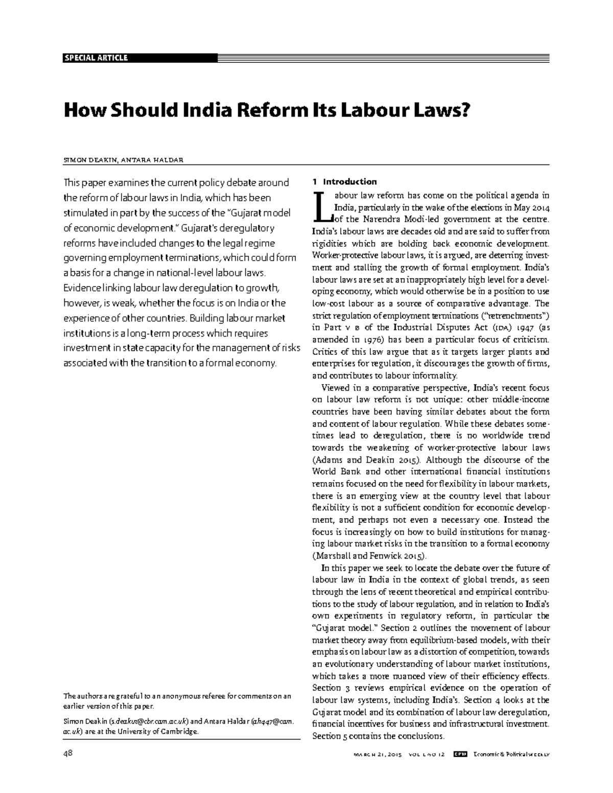 How Should India Reform Its Labour Laws - 48 march 21, 2015 vol l no 12 ...