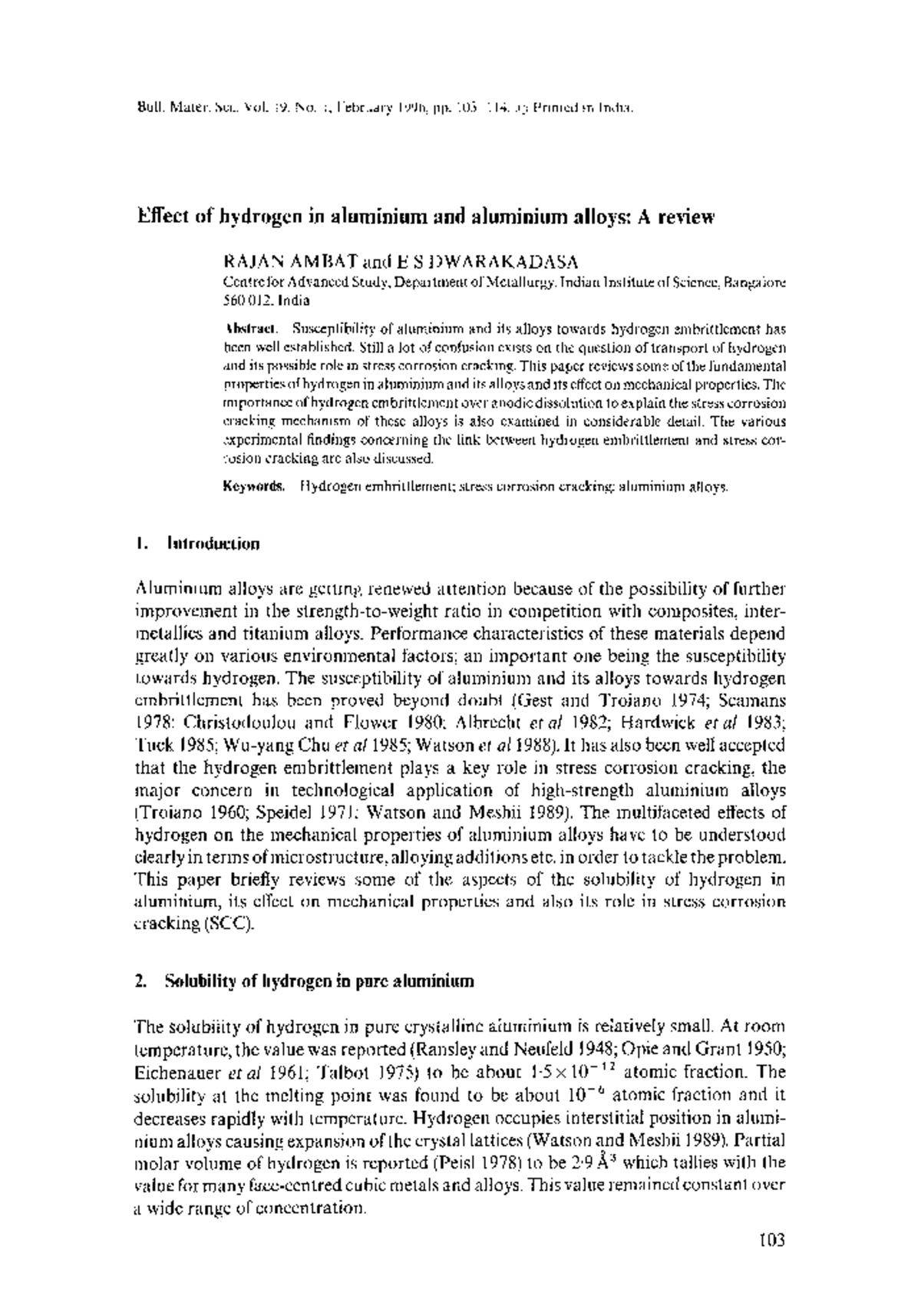 Effect of hydrogen in aluminium and aluminium alloys A review - Bull ...