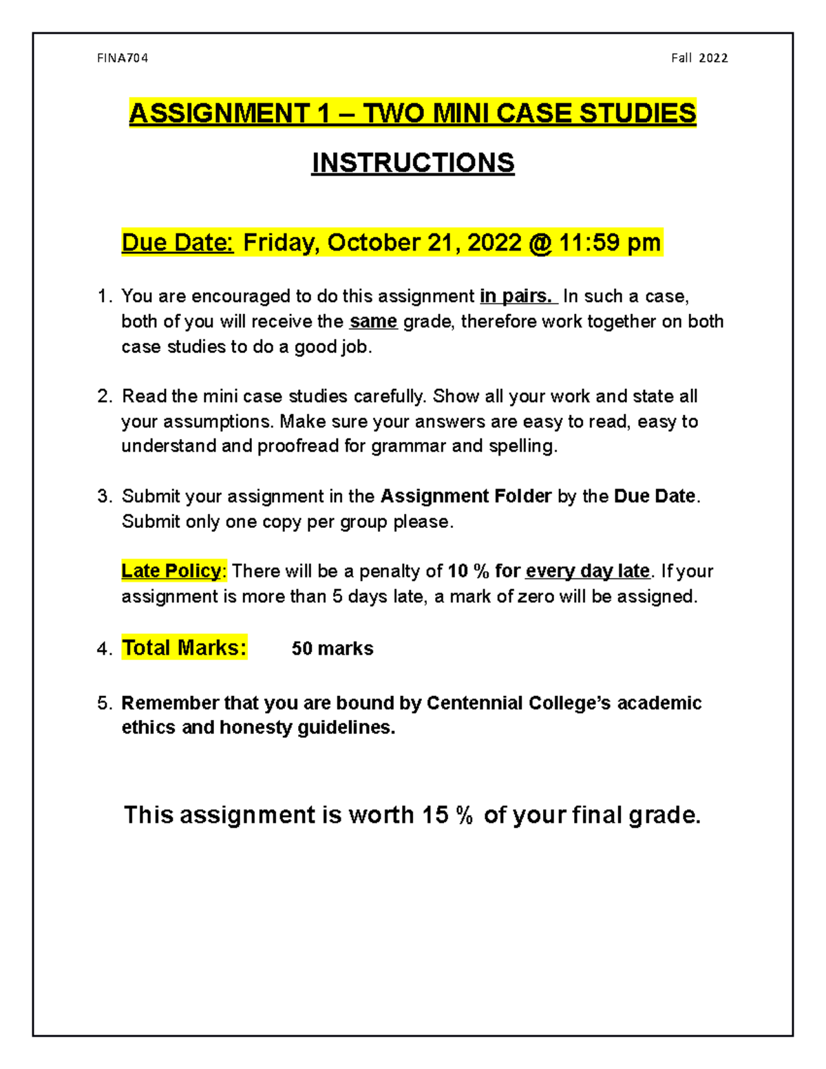 Assignment 1 F22 - ASSIGNMENT 1 – TWO MINI CASE STUDIES INSTRUCTIONS ...