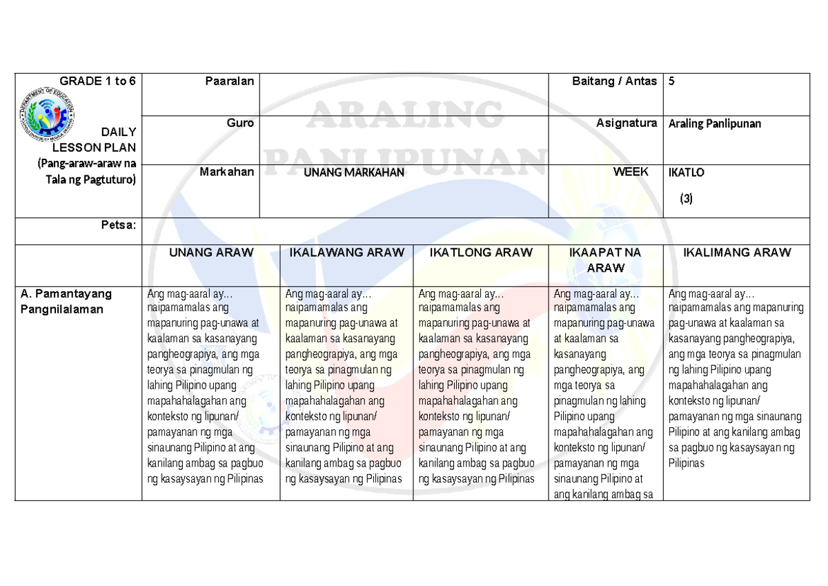 Ap5 Dlp Q1 Week3 Grade 1 To 6 Daily Lesson Plan Pang Araw Araw Na Tala Ng Pagtuturo Paaralan 0497