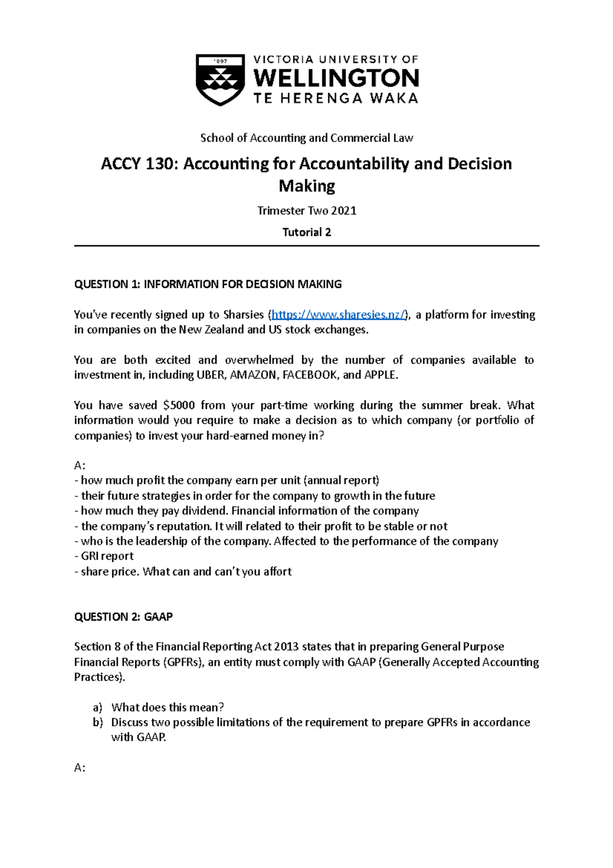 ACCY130 T2 2021 Tutorial 2 Questions - School of Accounting and ...